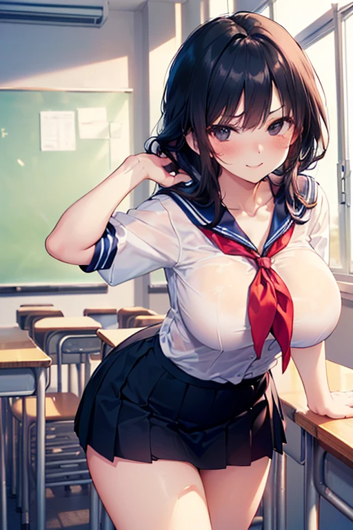 (:1.38),(14 Y8),(young Woman:1.66),(Masterpiece:1.21),(FHD),(16K),(Top Quality:1.24),(Super Resolution),(Super Illustration),(Best Shadow),(High Quality),(Super Detail:1.15), Elaborate,(1 Woman),(Japanese girl:1.1),(black hair:1.21),(big breasts:1.13),(middle hair, bob cut, straight hair, copper tone hair, swept bangs, brown eyes, drooping eyes, big eyes, long eyelashes), (Very dark room:1.76)),(((Middle School))),(Classroom in),((white Sailor uniform, white blouse, navy ribbon,black pleated skirt,white socks,black loafers)),(cartoon speech bubble:1.33),(open one's mouth:1.22),(to talk:1.2), (lovely smile, upper eyes)