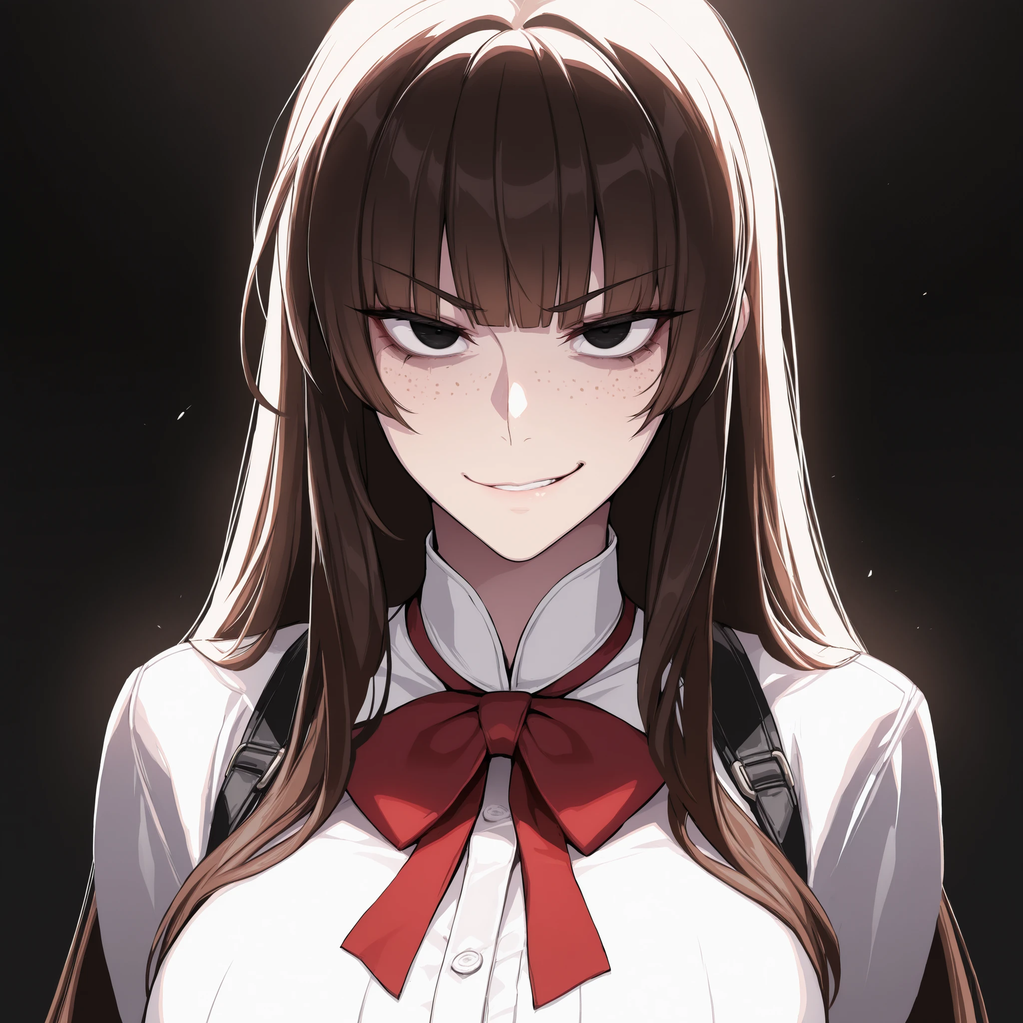absurdres, (((Ultra HD))), (((Ultra High Quality))), ((hyper detailed)), ((Ultra High Resolution)), (Highly rendered), ((detailed eyes)), (((8K))), ((perfect face)), ((masterpiece)), cinematic, solo, 1girl, long hair, straight hair, dark brown hair, black eyes, freckles, blunt bangs, smirk, white blouse, black corset, red bowtie, black background, backlight