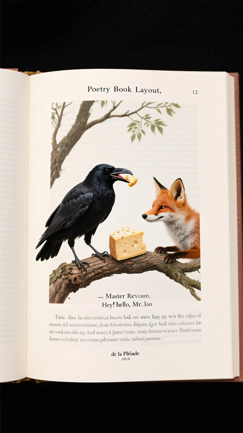 "Poetry Book Layout", in the opened beautiful book we can see this text:((Maître corbeau, sur un arbre perché,
Tenait en son bec un fromage.
Maître renard, par l’odeur alléché,
Lui tint à peu près ce langage :
« Hé ! bonjour, Monsieur du Corbeau.
Que vous êtes joli ! que vous me semblez beau !
Sans mentir, si votre ramage
Se rapporte à votre plumage,
Vous êtes le phénix des hôtes de ces bois. »
À ces mots, le corbeau ne se sent pas de joie ;
Et pour montrer sa belle voix,
Il ouvre un large bec, laisse tomber sa proie.
Le renard s’en saisit, et dit : « Mon bon monsieur,
Apprenez que tout flatteur
Vit aux dépens de celui qui l’écoute.
Cette leçon vaut bien un fromage sans doute. »
Le corbeau honteux et confus,
Jura, mais un peu tard, qu’on ne l’y prendrait plus.

— Jean de La Fontaine, Fables de La Fontaine, Le Corbeau et le Renard, texte établi par Jean-Pierre Collinet, Fables, contes et nouvelles, Gallimard, « Bibliothèque de la Pléiade », 1991, p.))This text use typographie : time new roman and size 12.