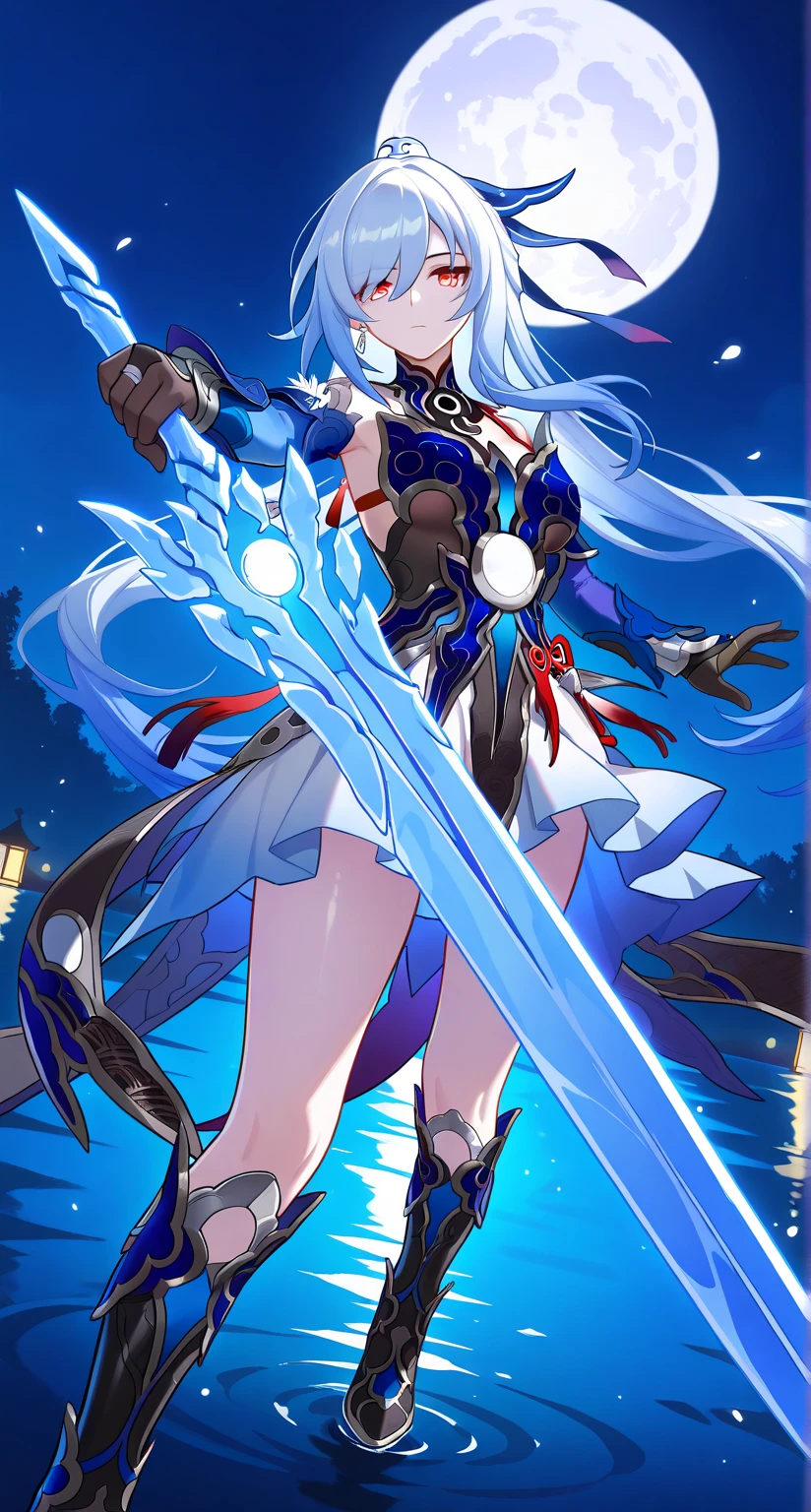 masterpiece,best quality,highres,ultra-detailed,Jingliu,alternate color,masterpiece,detailed illustration,lifelike,Jingliu(Honkai: Star Rail),shiny beautiful woman,moon light lighting,dynamic angle,dynamic pose,depth of field,1girl,red eyes,blue armored dress,white skirt,tassels,hair ribbon,black gloves,blue sleeves,armored boots,light blue skirt,lake,dark,night,dark night,darknight sky,full moon,whiteglowing ice saber (weapon),expressionless,standing,open legs,holding sword,battoujutsu stance,ice saber (weapon) focus,looking at viewer,brave perspective