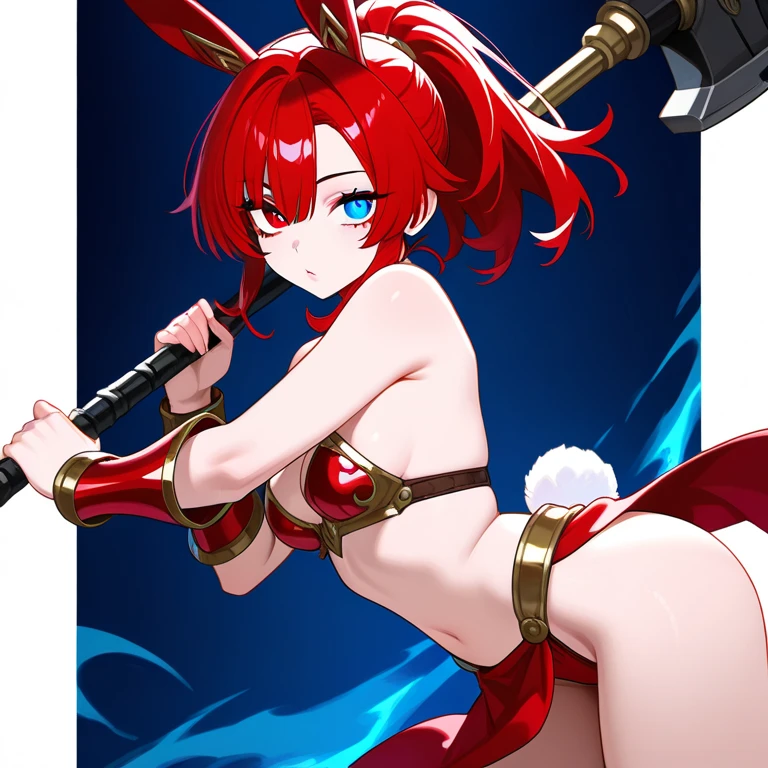 (masterpiece),(best quality),(ultra-detailed),(best illustration),(best shadow),(absurdres),(detailed background),(very aesthetic), wizzard, short hair, red hair, ((twin tail)), red eyes, cloak, red_ornamentedium_tits)), exposed belly, 1girl, legs exposed, strikes, Perfect face, short skirt, knee socks,add_detail:1, add_detail:0, add_detail:0.5, moody light,and the sun was shining brightly,8k,hyper-detailing, ((staff_weapon)), from behind, ass, looking back, thong