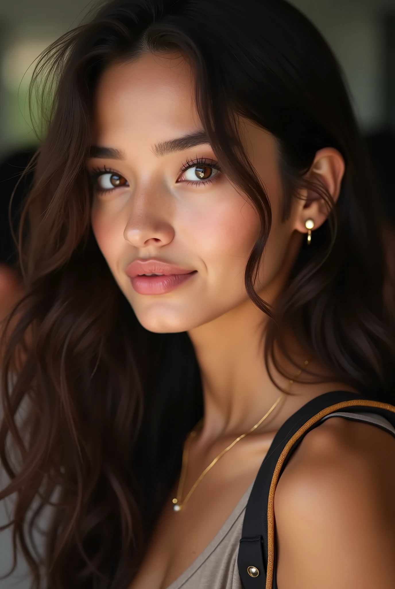 A stunning young woman with long, elegante, dark brown hair that falls softly over her shoulders, parted in half with a healthy sheen. She has dark brown eyes , Almond eyes with long, voluminous, well-groomed lashes, arched eyebrows, giving her an intense look , yet soft . Her skin is flawless, radiante, e tem um, sun-kissed glow . Her lips are naturally plump with a soft pink hue, design and she has a subtle atmosphere of , confident smile. She wears small gold hoop earrings and a delicate gold chain necklace. She's not dressed . A stylish backpack strap is visible over one shoulder, suggesting a casual look, but elegant. The background is softly blurred , portraying a school runner or social environment with other young women, casually dressed , engaged in conversation. The lighting is warm and natural, highlighting the beauty of the model, maintaining a realistic appearance, Hyper-detailed portrait style