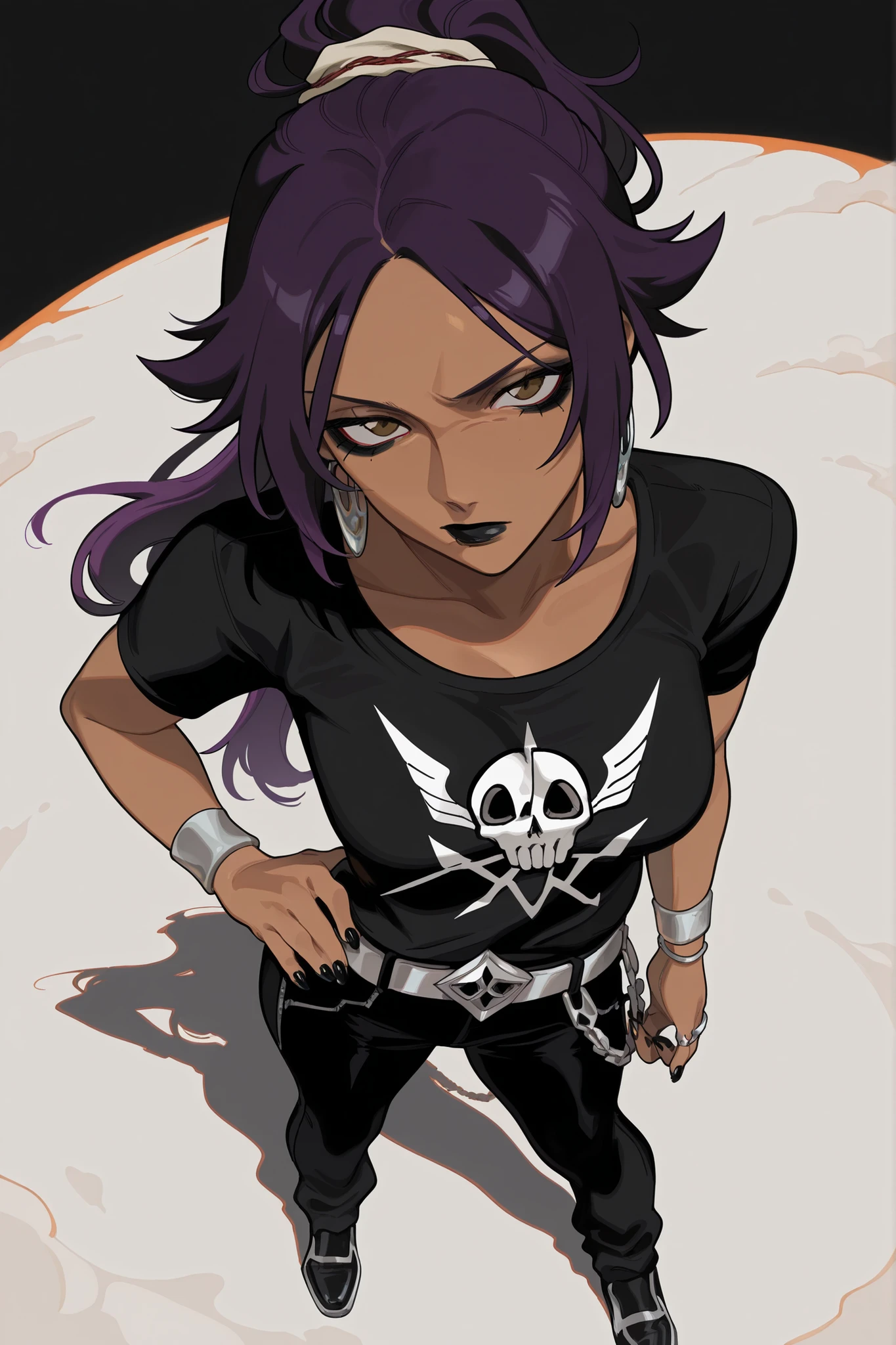 masterpiece, best quality, amazing quality, newest, very aesthetic, 1girl, an intense, evocative portrait from (bleach) art-style,yoruichi from \(bleach\),dark skin,violet hair,emo make up,black lips,black eyeshadow,black shirt with no sleevs,black short jeans,earring,silver rings,siver skull belt,black nails,black air force one shoes,one hand on hip,looking at the viewer,view from above,view from up