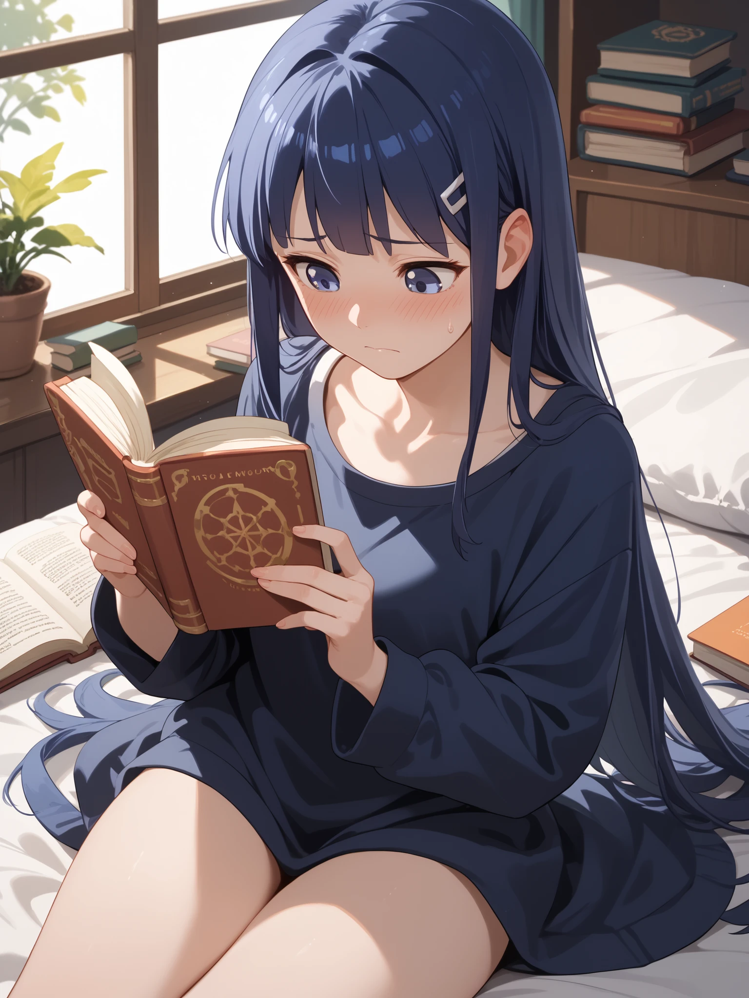 Hinata embarrassed, (Hinata Hyuga), reading a book in secret, the book is orange and short, she is sitting on the bed in the bedroom, Seen from the distance,
