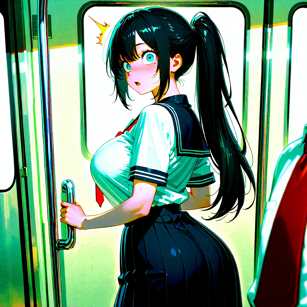 A girl,twintails,Long hair,Black Hair,((transparent)),Big tall breasts,Lolita skirt,Sleeveless sailor suit,Flowing fabric,Slim waist,Showing belly,Smooth legs,blush,On the bus,