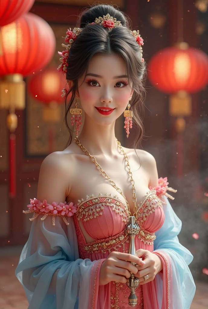 ((top-quality、masutepiece、8K、Top image quality、Highly complex and detailed depictions))、(the most gorgeous chinese goddess:1.5)、Chinese garrison house at night、((The most gorgeous prostitution goddess huge costume、the most vivid and luxurious costumes、big long costume、The most luxurious and huge garrison、An unimaginably luxurious garrison、purple and pink garrison、It is depicted against the background of a huge and luxurious garrison...、Huge Guru House at midnight、Very complex decoration、very clear garrison))、(View me、Bewitching smile、Perfect makeup、long eyelashes、pink lipsticks、Pink eyeshadows、perfect anatomia、Biggest smile)、(Clear background of huge garrison:1.3)