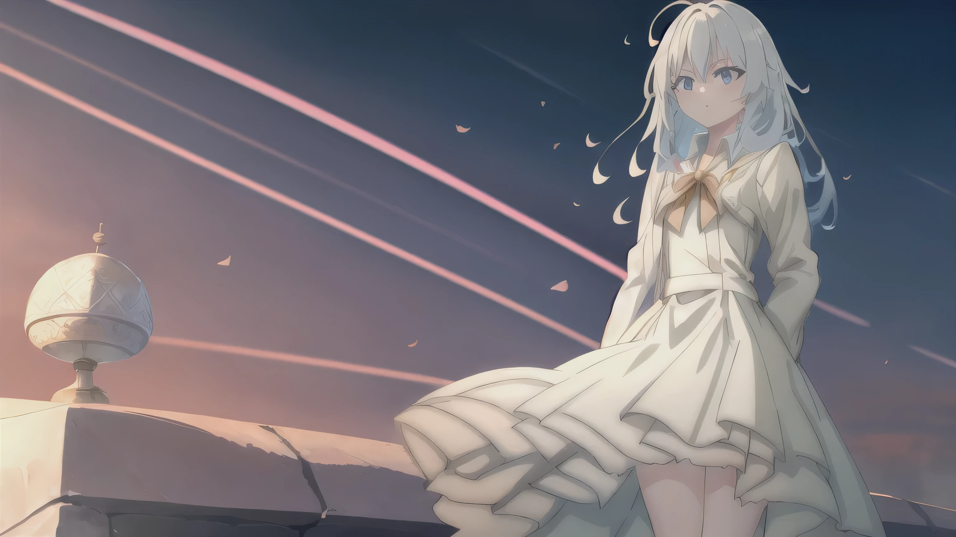 (Best Quality, masterpiece, high resolution),1 Girl,alone,long hair, bangs,cowboy shooting, blurry,wind,lightweight particles, white dress,
