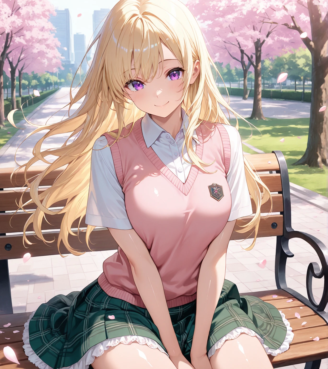 masterpiece,best quality,absurdres, amazing quality, shiny skin
tokyo \(city\), park, falling petals, cowboy shot, looking at viewer, wind, wind lift, smile, sitting, on bench, park bench, arms between legs
  kawaiimona, 1girl, long hair, blonde hair, purple eyes, shirt, white shirt, collared shirt, skirt, ((plaid yellow:1)), plaid skirt, short sleeves, pink sweater vest, green skirt, petticoat, miniskirt,