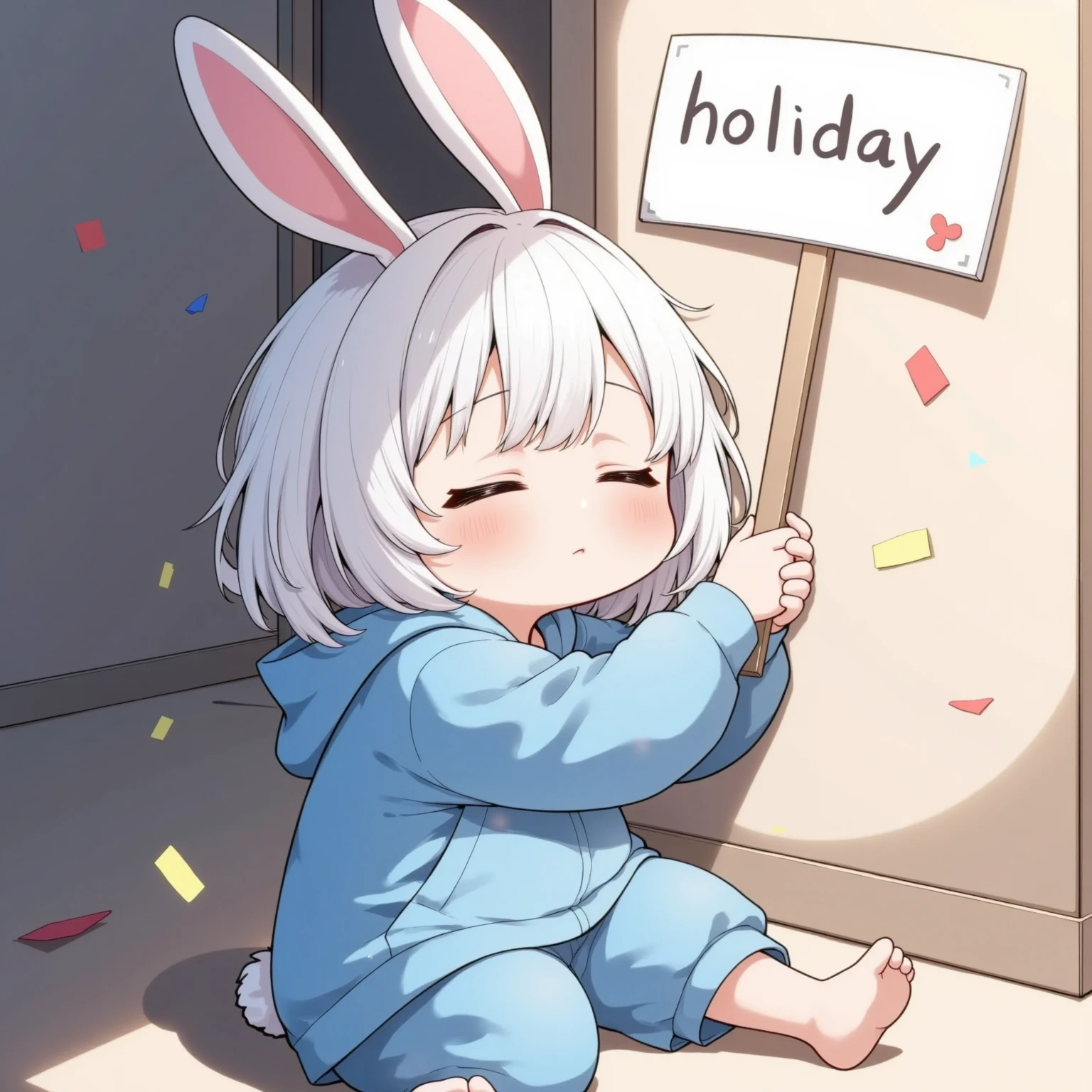 A sleepy little character\(wearing a knee-length blue wide-fit hoodie, wearing rabbit ears, with eyes tightly closed, a weak expression, holding a placard with "holiday" written on it in both hands\), The background is a happy atmosphere with confetti of various colors falling. Calm everyday atmosphere, masterpiece, best quality, 8K, high resolution, ultra high definition, HDR, UHD, studio lighting, ultra high definition painting,