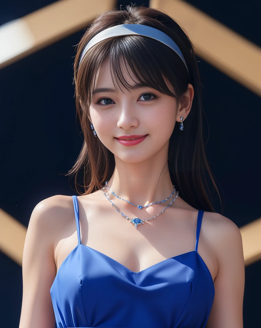 8k,Confused, High resolution, Very detailed, 1 person, alone, Very beautiful eyes, Ultra-precise depiction, artistic、Very detailed depiction, (Tangled:1.2), , (White high key background:1.5), (((White dress with blue flowers 1.5))), 、 short hair、Loose wavy hair、Earrings and Necklaces、Brown Hair, (Glowing Skin), Many colors, , (Shooting from above:1.2),、Flat Body、slim、cute、、Round face、Cast a Shadow、、Smile 1.3、Mid-shot photo、