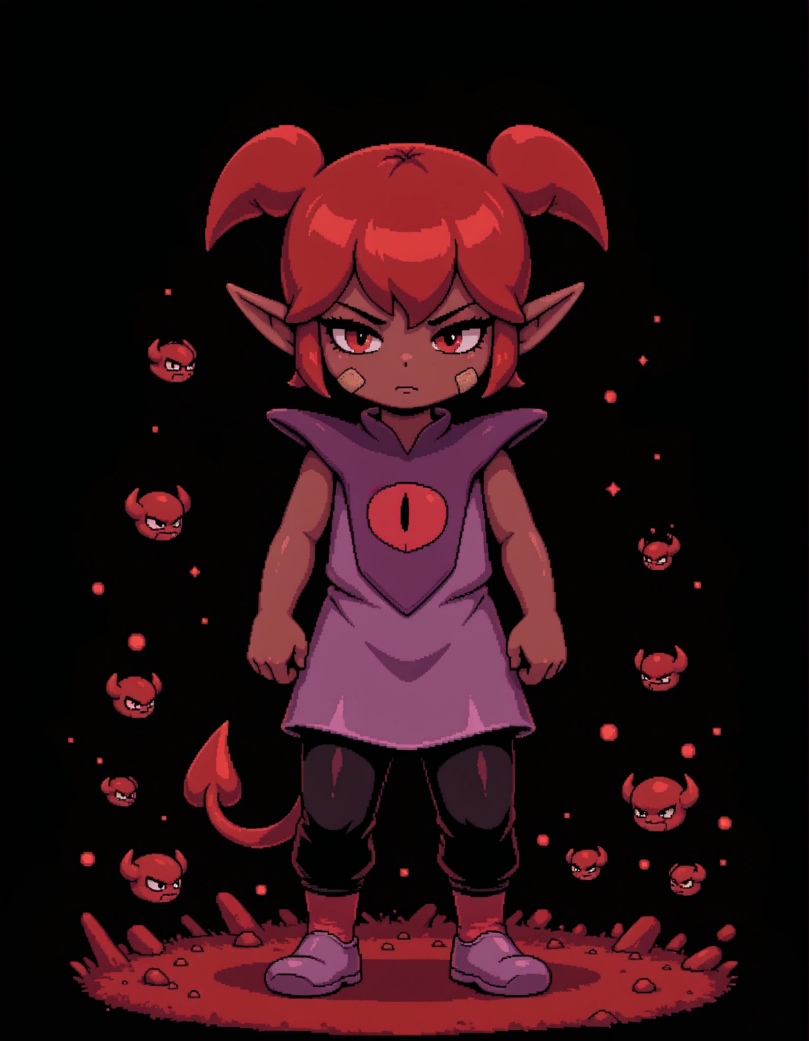 (DQB_DT), Beebz (Demon Turf),, vbstyle, pixel art, red theme, masterpiece, best quality, very aesthetic, full body, pants, solo, transparent background, Front view, from front, 1girl, black backgrounds, tanding, black pants, pointy ears, Brown skin, red hair, short hair, short twin tails, Sleeveless, Tunic, purple dress, Purple shoes, red socks, eye on the shirt, bandaid on the face