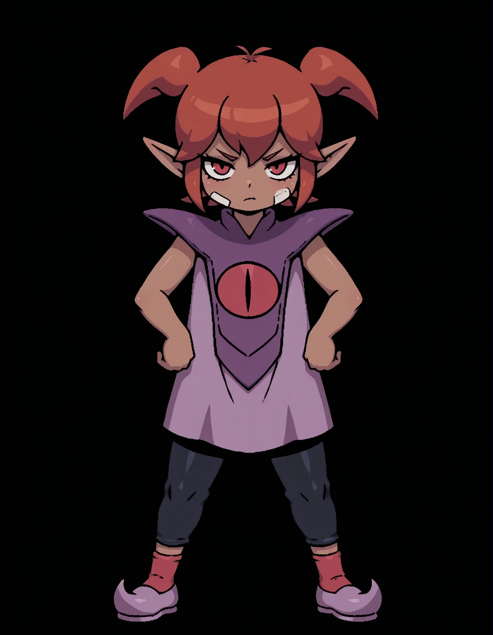 (DQB_DT), Beebz (Demon Turf),, masterpiece, best quality, very aesthetic, full body, pants, solo, transparent background, Front view, from front, 1girl, black backgrounds, tanding, black pants, pointy ears, Brown skin, red hair, short hair, short twin tails, Sleeveless, Tunic, purple dress, Purple shoes, red socks, eye on the shirt, bandaid on the face