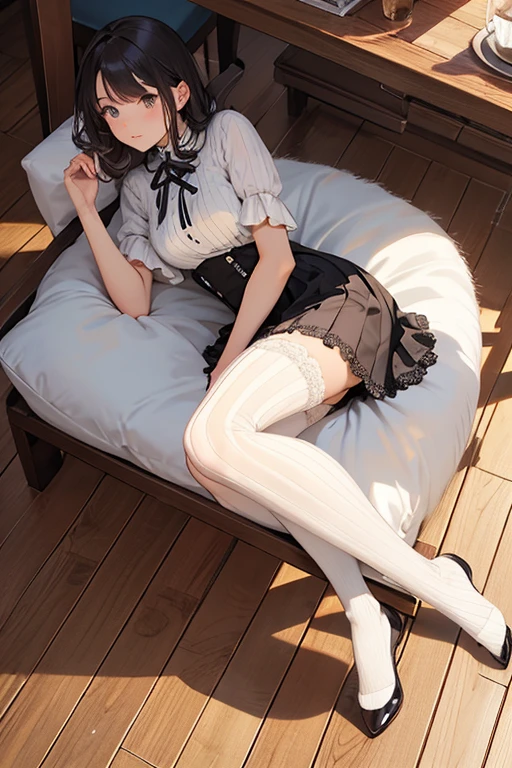 tmasterpiece,best qualtiy,1 girlirl,Short flowing black hair,Camelier top,White and delicate skin,Crop topping,Ultra shorts,Sit on the ground with your legs crossed