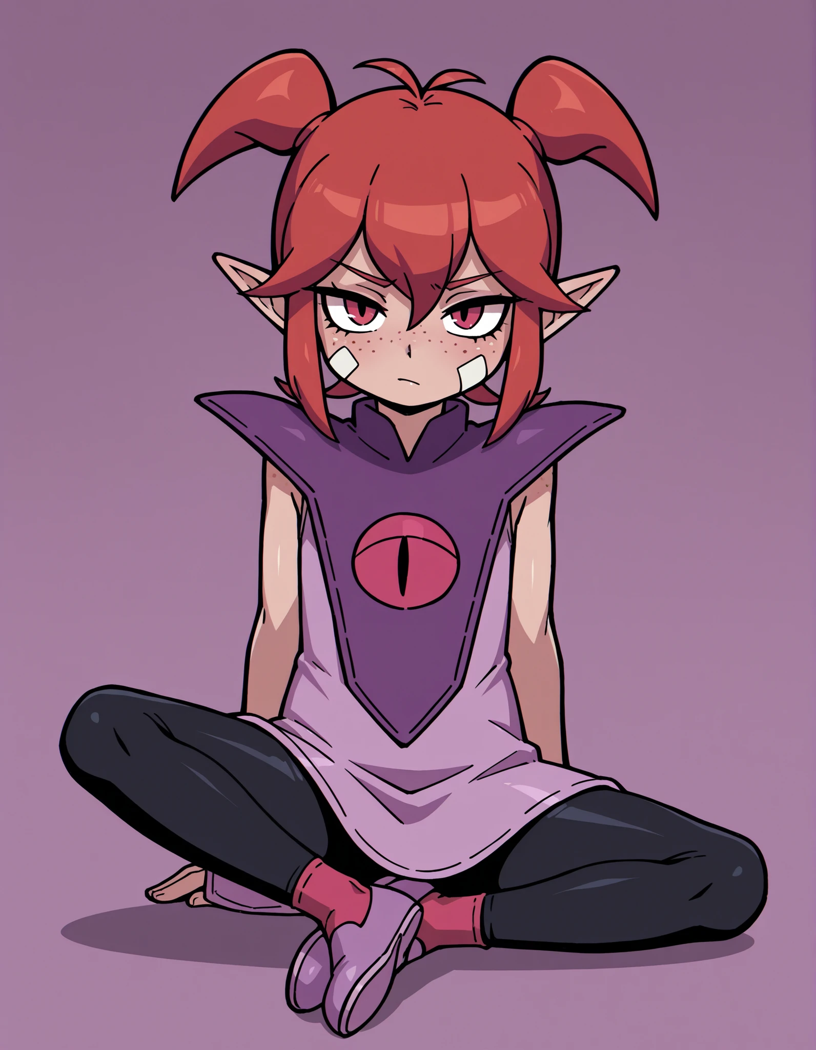 DQB_DT, red hair, antenna hair, short twintails, sidelocks, pointy ears, hair between eyes, freckles, bandaid on cheek,, sleeveless dress, pink dress, purple capelet, black leggings, red socks, pointy shoes, purple footwear