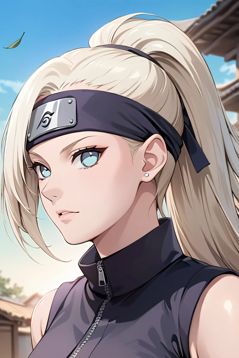 ((masterpiece)), ((RAW 8K)), ((anime-real fusion)), ((extreme photorealism)), ((studio-grade lighting)), ((hyper-detailed skin texture)), ((warm natural tones)), Ino Yamanaka from Naruto (original series), waist-up portrait, confident and sassy expression, bright blue eyes, long platinum blonde hair tied in a high side ponytail flowing naturally over shoulder, wearing a sleeveless purple ninja outfit with high collar and mesh undershirt, arm warmers and short skirt visible at waist level. Hidden Leaf Village forehead protector worn around her waist. Light makeup look, slight smirk, showcasing her bold and proud personality.

Background: Soft-focus Hidden Leaf Village backdrop with warm daylight, slight breeze effect in hair, subtle motion to bring the scene to life. Gentle color grading to keep focus on Ino.

