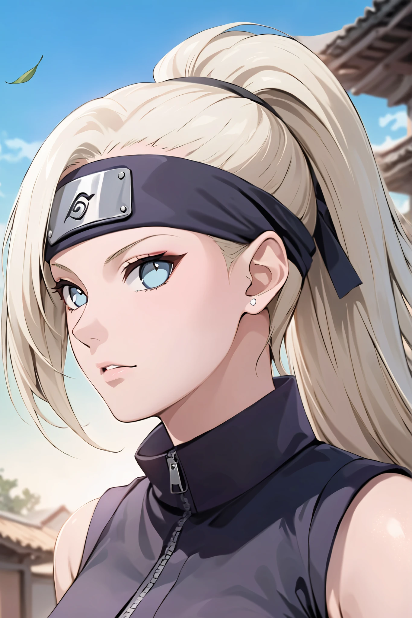 ((masterpiece)), ((RAW 8K)), ((anime-real fusion)), ((extreme photorealism)), ((studio-grade lighting)), ((hyper-detailed skin texture)), ((warm natural tones)), Ino Yamanaka from Naruto (original series), waist-up portrait, confident and sassy expression, bright blue eyes, long platinum blonde hair tied in a high side ponytail flowing naturally over shoulder, wearing a sleeveless purple ninja outfit with high collar and mesh undershirt, arm warmers and short skirt visible at waist level. Hidden Leaf Village forehead protector worn around her waist. Light makeup look, slight smirk, showcasing her bold and proud personality.
Background: Soft-focus Hidden Leaf Village backdrop with warm daylight, slight breeze effect in hair, subtle motion to bring the scene to life. Gentle color grading to keep focus on Ino.
