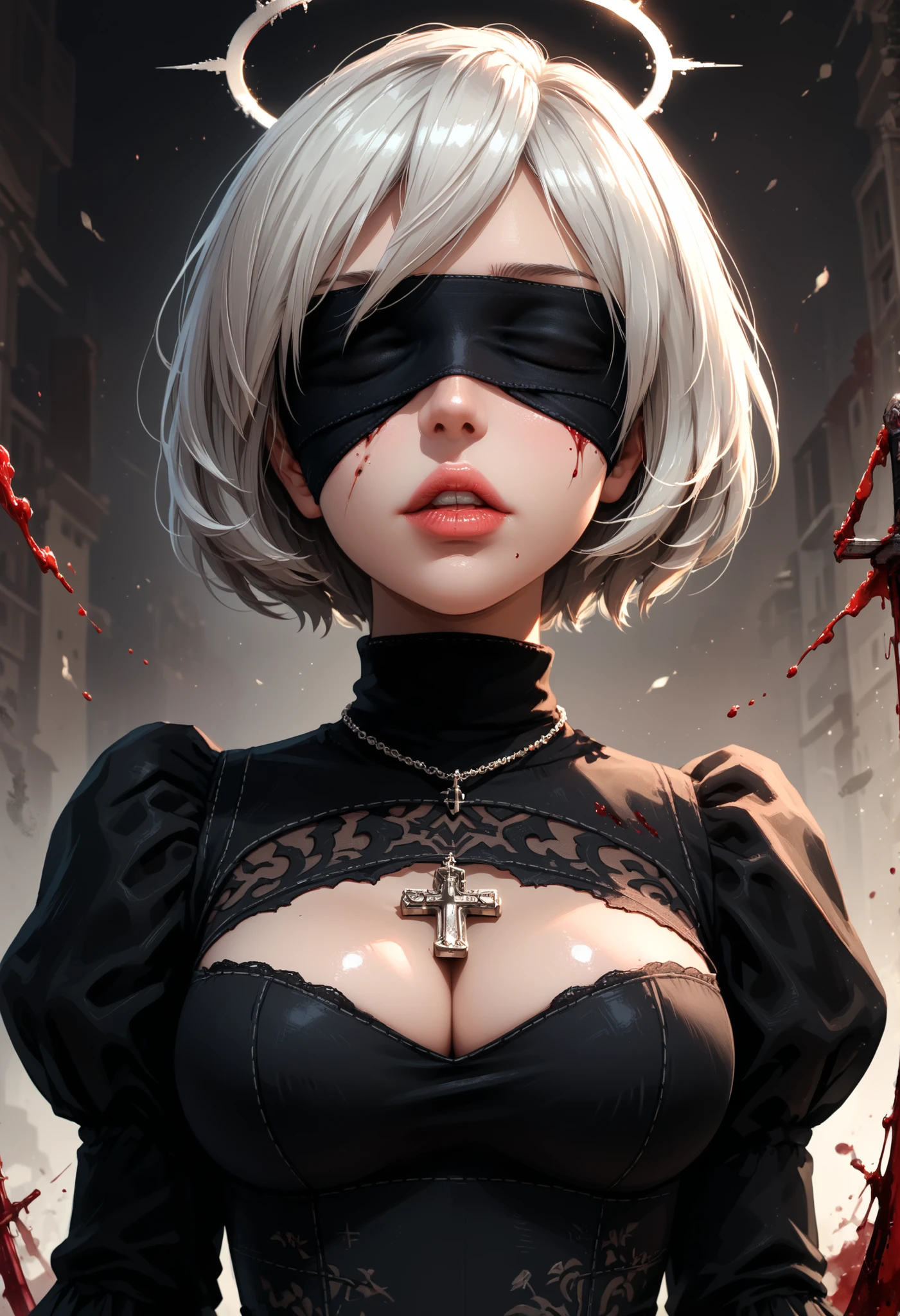 1girl, yorha_no._2_type_b, solo, blindfold, mole, blood, cleavage_cutout, halo, black_dress, cross, black_blindfold, mole_under_mouth, dress, short_hair, breasts, clothing_cutout, necklace, white_hair, upper_body, jewelry, parted_lips, sword, puffy_sleeves, weapon, blood_on_face, turtleneck, lips, cleavage, juliet_sleeves, teeth, red_lips, long_sleeves, artist_name, medium_breasts, facing_viewer, red_background, cross_necklace, covered_eyes, bangs,
,score_9, score_8_up, score_7_up,shiny skin,dutch angle,,