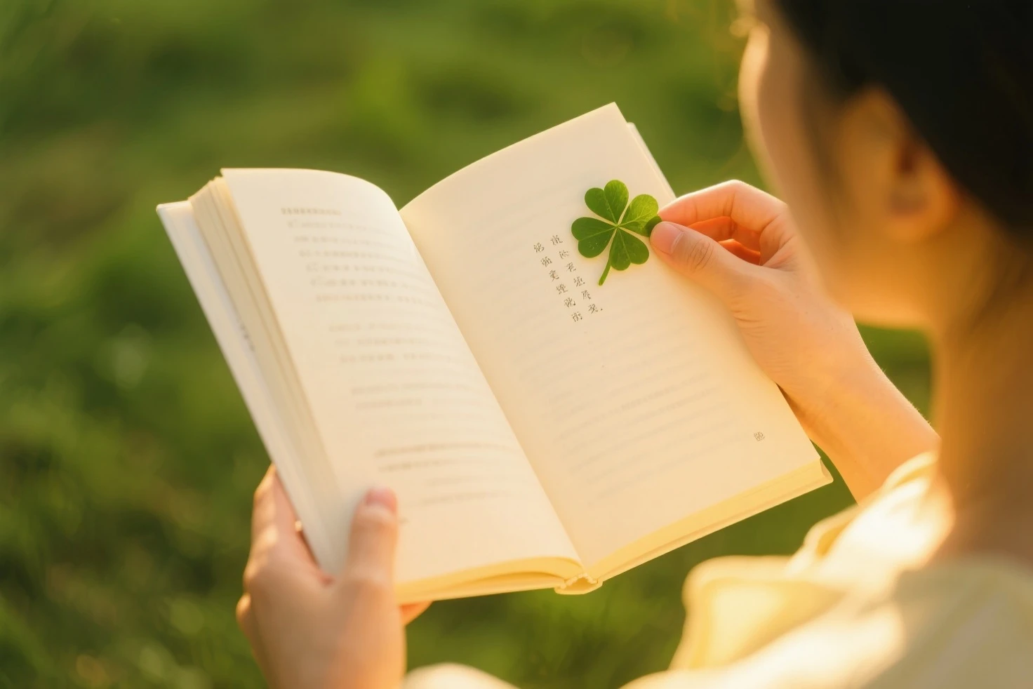 Poetry book layout, the woman's hands turning the pages, and the bookmark of a small four-leaf clover inside the book.