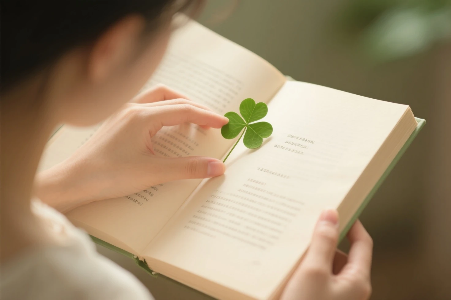 Poetry book layout, the woman's hands turning the pages, and the bookmark of a small four-leaf clover inside the book.