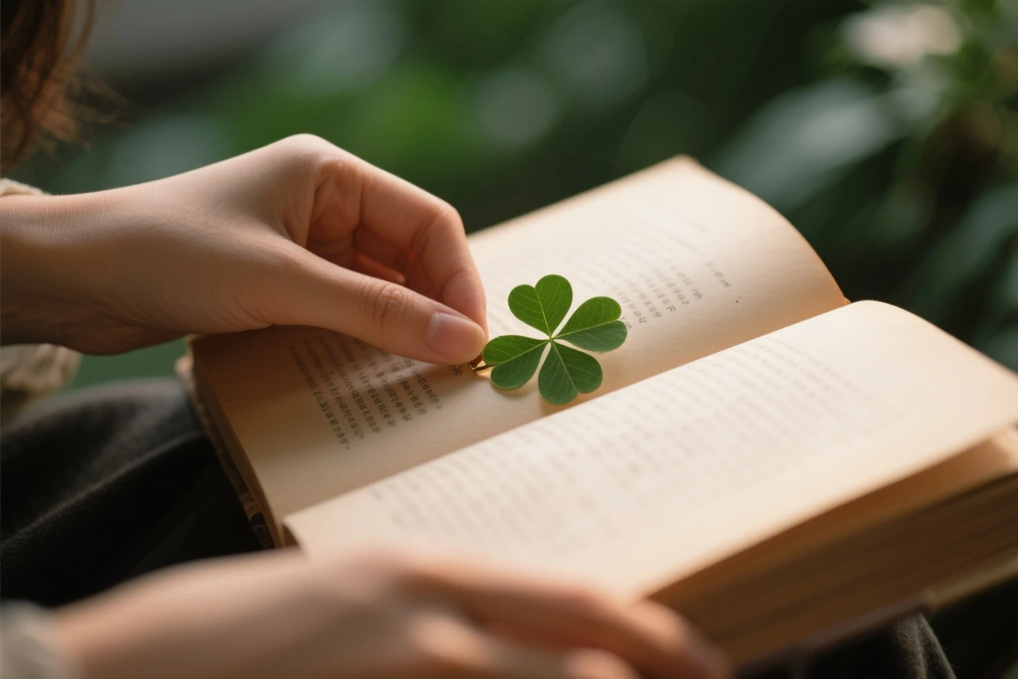 Poetry book layout, the woman's hands turning the pages, and the bookmark of a small four-leaf clover inside the book.