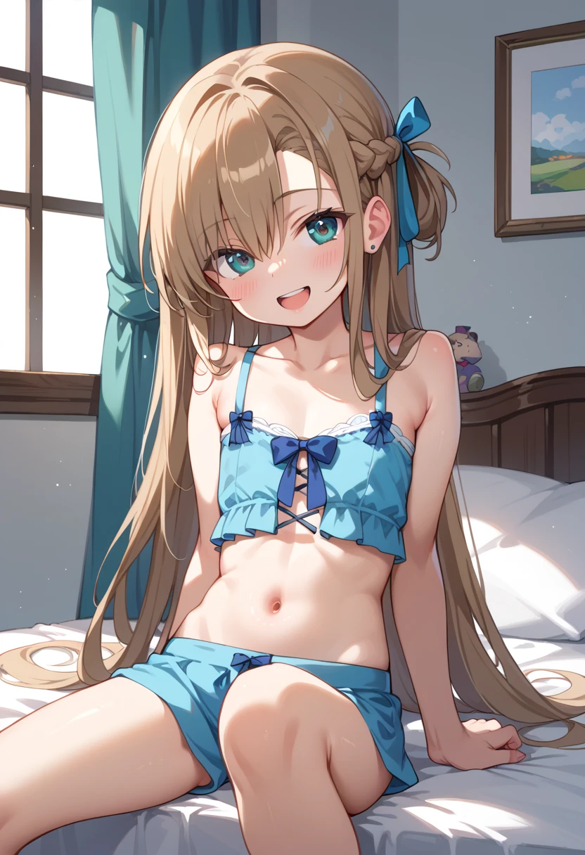 side tie panties,ribbon good, ribbon panties,, lace panties,twin tails,blush, full-face blush,masterpiece, highest quality, (anime screencap:1.3),(shape), cute,(simple:1), (anime:1.2),Solo Sharp Focus, 1 girl, cleavage,looking at the viewer,sit flat on the floor with one's legs bent backwards,,room,bed,(( colorful lingerie)),big breasts,beautiful bust,beautiful hips,emphasize the chest,((polka dots panties, polka dots bra))twintails hair,sky color,puffy eyes,cute eyes,,,Random color,sexy pose,NSFW,