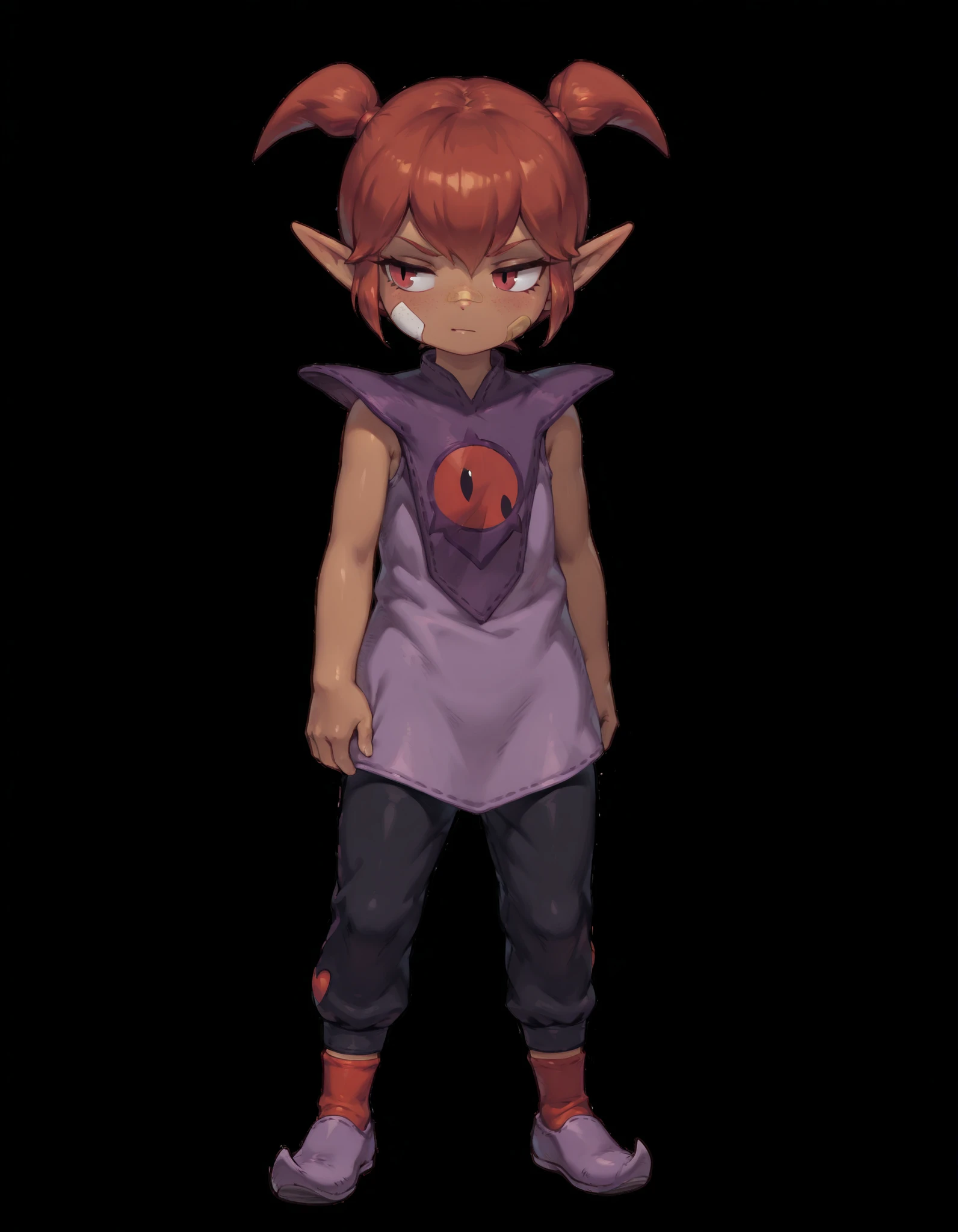 masterpiece, best quality, very aesthetic, solo, (DQB_DT), Beebz (Demon Turf),, full body, pants, solo, transparent background, Front view, from front, 1girl, black backgrounds, tanding, black pants, pointy ears, Brown skin, red hair, short hair, short twin tails, Sleeveless, Tunic, purple dress, Purple shoes, red socks, eye on the shirt, bandaid on the face
