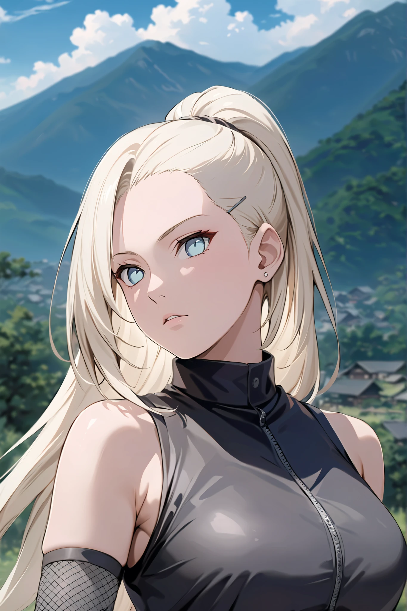 ((masterpiece)), ((RAW 8K)), ((anime-real fusion)), ((extreme photorealism)), ((studio-grade lighting)), ((hyper-detailed skin texture)), ((warm natural tones)), Ino Yamanaka from Naruto Shippuden, waist-up portrait, confident and composed expression, light blue eyes, long platinum blonde hair tied in a high side ponytail flowing smoothly, face framed by bangs. Wearing a dark purple sleeveless crop top with high collar, matching short skirt, mesh arm warmers and mesh midriff, and fishnet-style stockings partially visible at waist. Hidden Leaf forehead protector worn stylishly around her waist. Slight mature elegance in her posture and gaze, showing growth and confidence.

Background: Konoha village scenery, soft depth-of-field blur with gentle lighting, blending nature and architecture, late afternoon warmth giving soft golden highlights.
