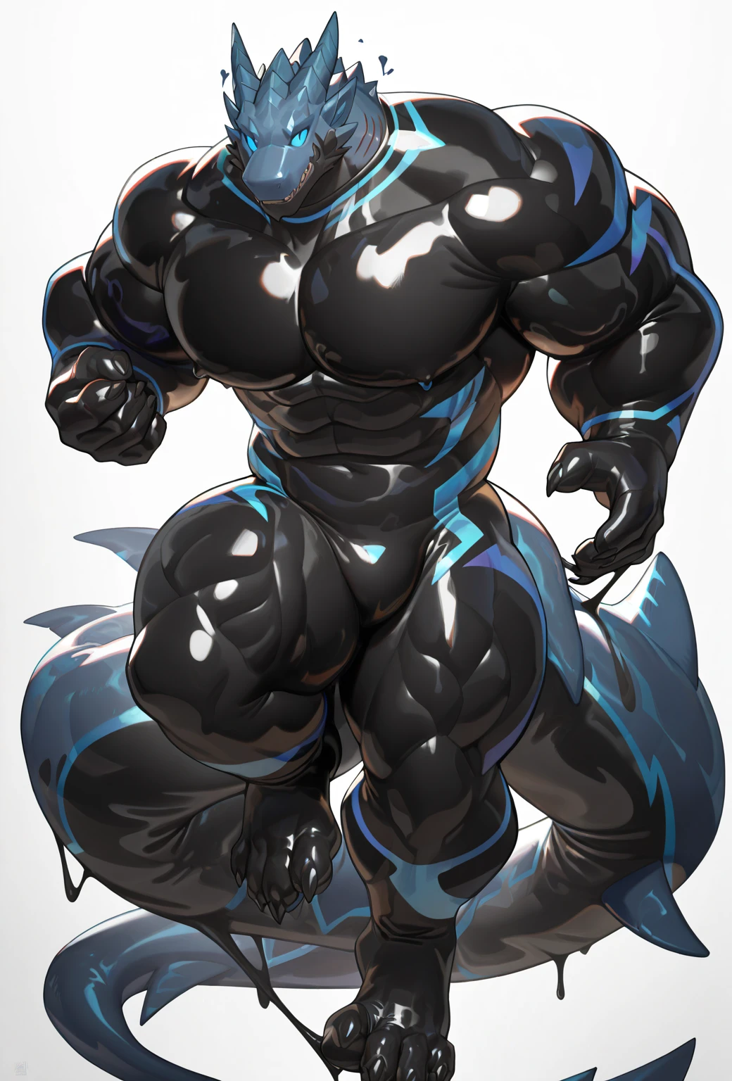 Black colored bara dragon, white countershade, black skin, huge plump pecs, strong physique, cyan colored eyes, black sclera, tribal tattoos, very muscular, perfect anatomy, scars on body, full body view in frame, masterpiece, manly pose, plantigrade feet, human feet, beard, strong jaw, thick thighs, giant biceps, muscular, shark tail, grin, amazing shading, full body, detailed hands, detailed eyes, detailed face, detailed arms,anthro, muscular, abs, (detailed:1.5), male, detailed background, by ZomaCaius, by meesh, by sligarthetiger by zackary911, by nightterror, muscular glutes, solo , himbo, interesting angle, accurate perspective, hand behind head, sfw, clear muscular lines, vascular, glistening sweat, sweaty, steam, nude, featureless nude, spreading legs, leg muscles, low angle view, great lighting