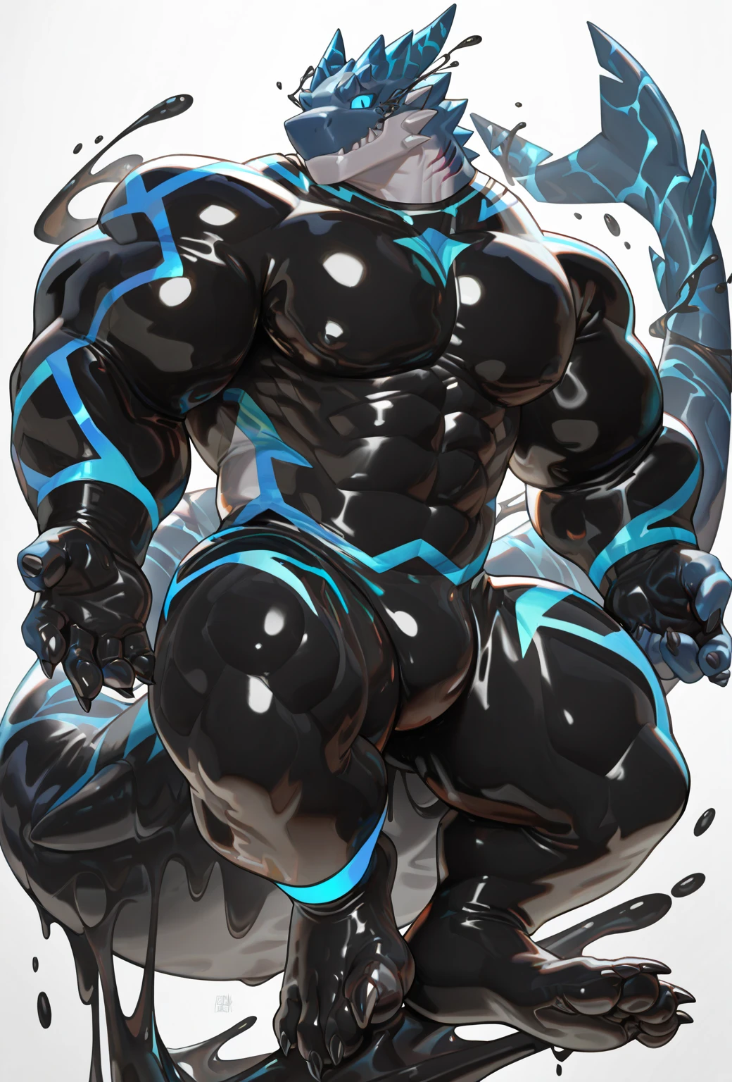 Black colored bara dragon, white countershade, black skin, strong physique, tribal tattoos, cyan colored eyes, black sclera, very muscular, perfect anatomy, scars on body, full body view in frame, solo, masterpiece,  beard, strong jaw, thick thighs, giant biceps, muscular, shark tail, grin, amazing shading, full body, detailed hands, detailed eyes, detailed face, detailed arms,anthro, muscular, abs, (detailed:1.5), male, detailed background,by zackary911, by nightterror, by sligarthetiger, huge plump pecs,                 bodybuilder pose, gym background, sweaty, looking powerful, perfect musculature, featureless nude, pec focus