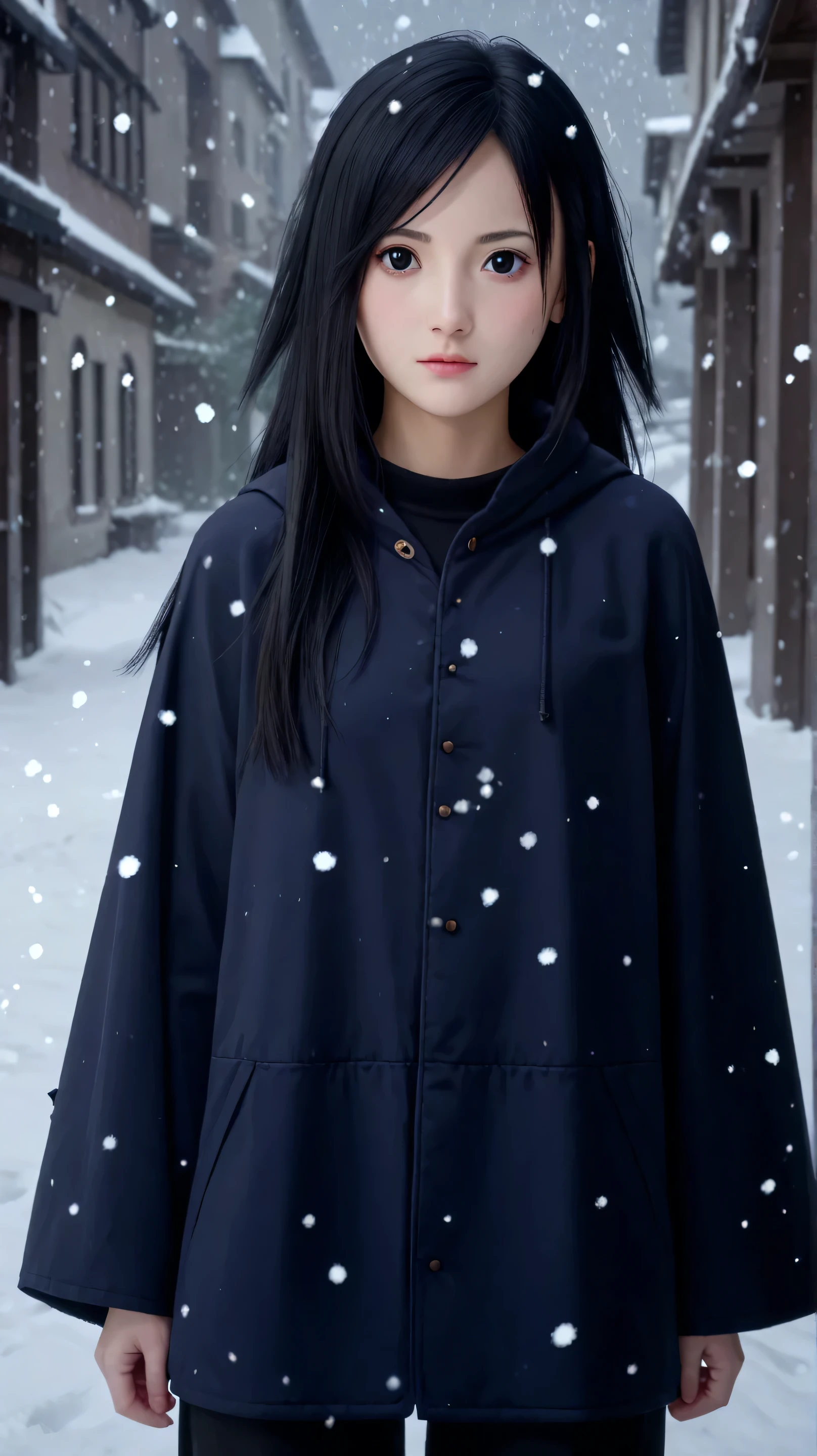1girl, solo,hikari uchiha,black hair,long hair,outdoors,potrait,winter background,wear hooded cloak,small breast,black eyes, snowfall