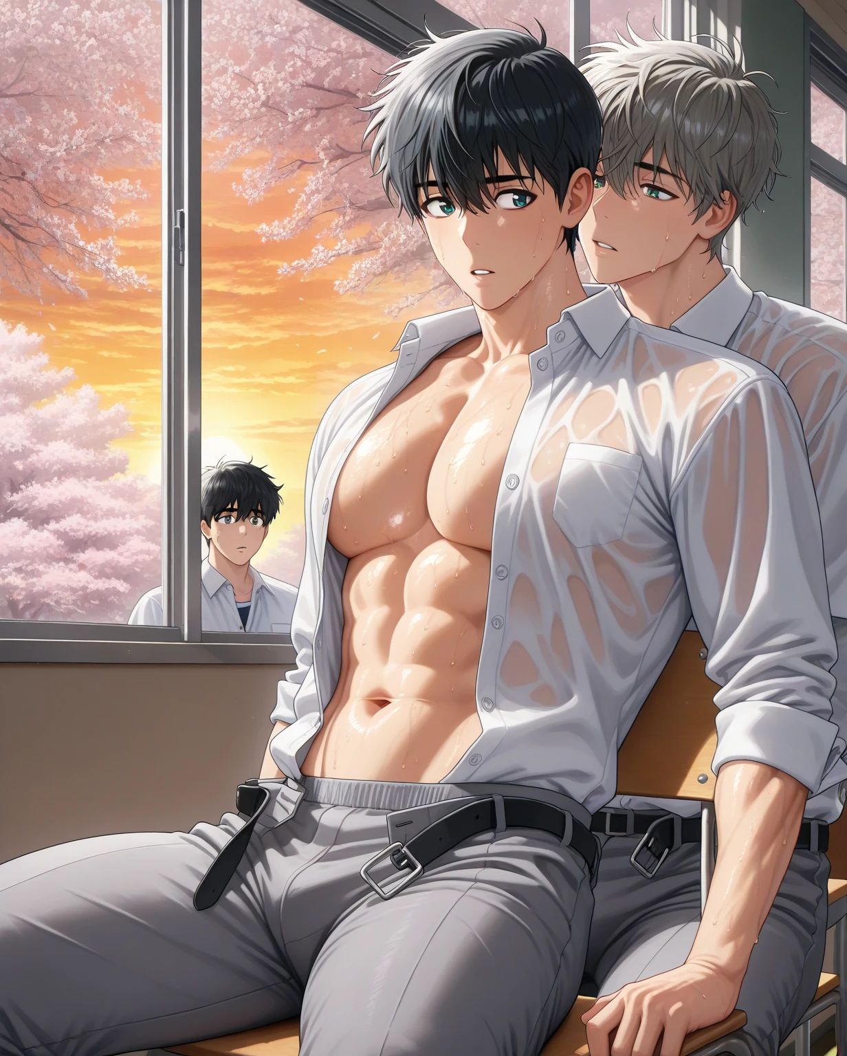 two male, gay couple, adult, sensual, sung jinwoo, parted lips, black hair, short hair, messy hair, blue eyes, athletic body, large pec, , handsome, school uniform, open button white shirt, reveal toned  and navel, grey pant with open belt, sweating, wet of sweat, manly, in the class room, sit on the chair next to window, patrick ashbaton, parted lips, ash-grey hair, short hair, messy hair, emerald eyes, athletic body, large pec, , handsome, school uniform, open button white shirt, reveal toned  and navel, grey pant with open belt, sweating, wet of sweat, manly, in the classroom, sit at sung jinwoo's lap on the chair next to window, huged and kissed by sung jinwoo, after school, big window at the back, cherry blossom, masterpiece, best quality, amazing quality, very aesthetic, absurdres, newest, spring scenery, sunset