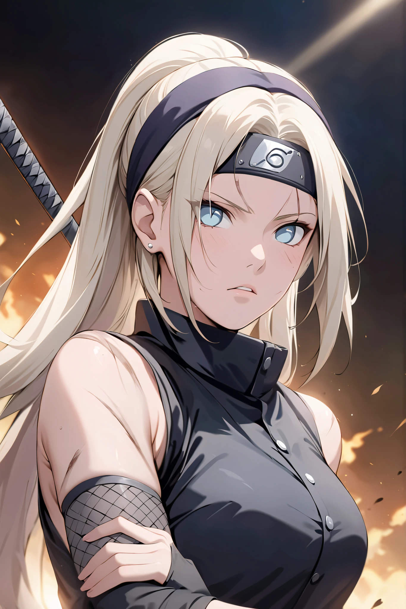 ((masterpiece)), ((RAW 8K)), ((anime-real fusion)), ((extreme photorealism)), ((studio-grade lighting)), ((hyper-detailed skin texture)), ((warm natural tones)), Ino Yamanaka as a powerful elite kunoichi from Naruto, waist-up portrait, intense and battle-hardened expression, icy light blue eyes full of focus, long platinum blonde hair tied in a high side ponytail, slightly windswept with loose strands. Wearing upgraded dark tactical ninja gear: dark purple armored vest, mesh undershirt, black fingerless gloves, utility belt and kunai strapped to her arm.
Hidden Leaf Village forehead protector (headband) worn proudly on her forehead, slightly weathered metal plate showing subtle scuffs. Facial expression shows determination and readiness. Subtle scars or dirt marks on outfit indicate recent combat.
Background: war-torn or battle-ready zone in Hidden Leaf Village outskirts, cinematic lighting with shadows and warm glows, light motion in hair and fabric for dynamic realism.