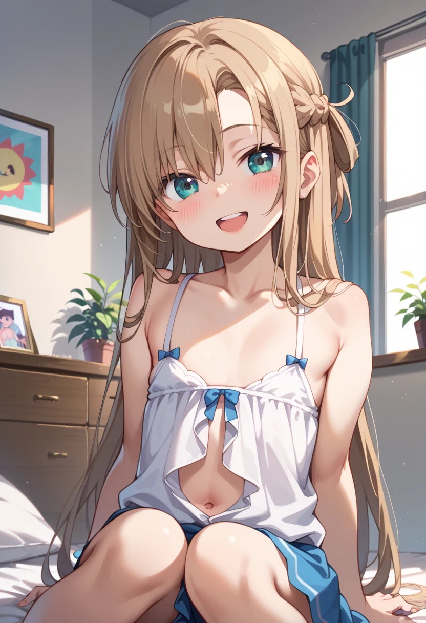 ((masterpiece)), (best quality), (high resolution), (ultra-detailed), kei karuizawa long hair bangs blunt bangs (purple eyes:1.1) blonde hair shirt hair ornament ponytail scrunchie (blue scrunchie), (white lace bra), (white lace panties:1.1), clothed, 1girl, happy, small breasts, (panty shot), 16years old, gym, leaning forward, wet