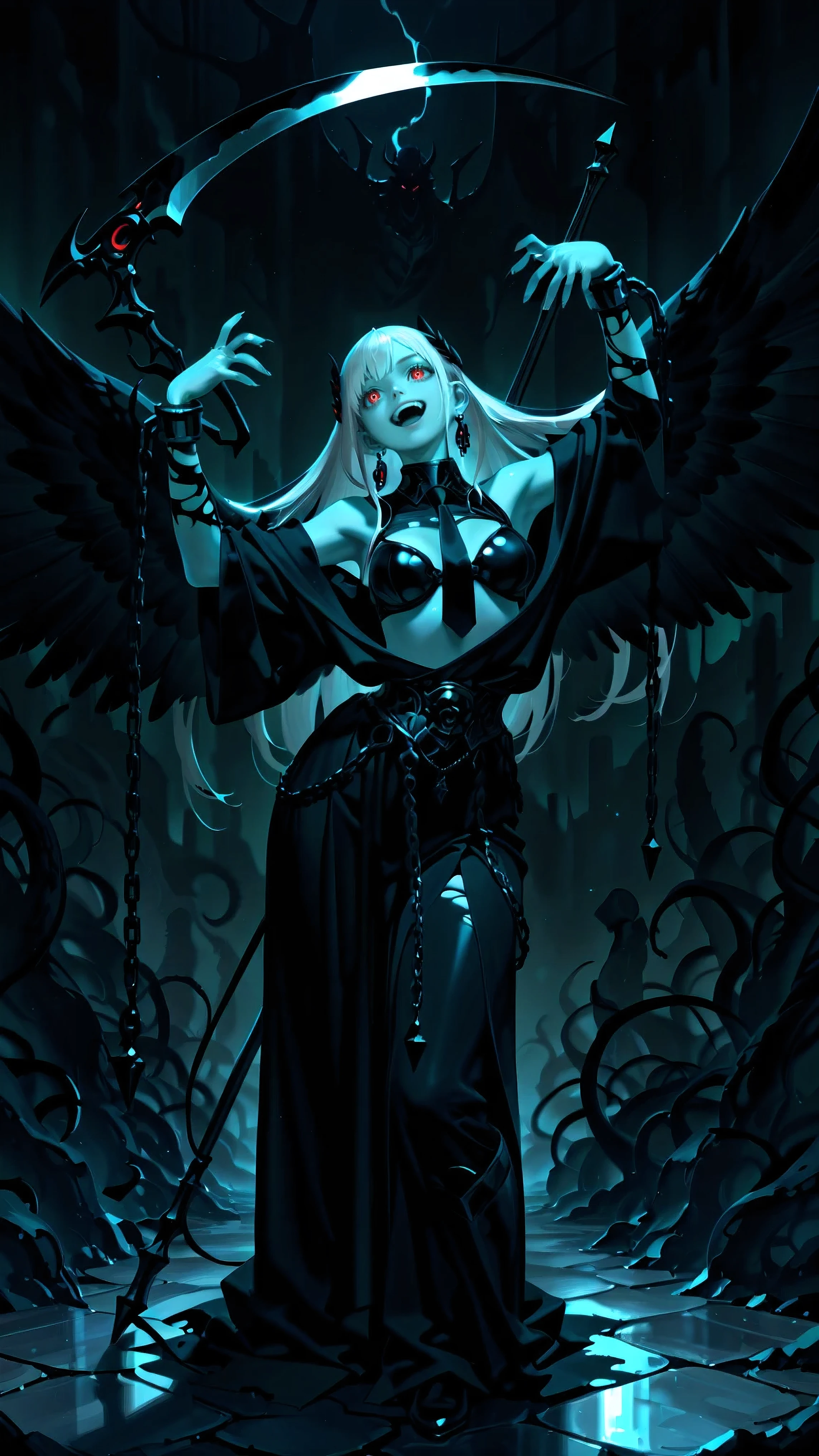 Shinigami Musume wearing a distorted cloth,features a crazy face with attention to detail,Even with this, red eyes that shine so much,(tall),(166cm:1.1),solo,BREAK,(larger than areolas),A body that floats with great detail,(Outstanding style upper body),(Clear lower body),BREAK,Gloss Skin,shiny skin,Light Blue Skin Like an Energy Body,(dark black ,Hair that flickers like ash,Long wave gradation hair that conceals your face,Underworld Hair),BREAK,(A robe that covers the whole body wrapped around an enormous variety of chains),(Empty shoulder々torn holder neck shirt),inner chaos shelf cup bra,(Huge silver chain clothing that bends at every particular arm joint),Black Plague Necktie,BREAK,(Detailed energy body-like limbs:1.15),(A majestic scythe with multiple eyes),Gargoyle wings shaped with bones and chains,Underworld High Boots made of decayed ash,Heavily Earrings,BREAK,(underworld background:1.3),(Hades Pose),High Side Angle,rimlight on chest,( dynamic shadows:0.8),BREAK,(God's miracle masterpiece:1.2,BREAK,Best High Quality,High Quality:1.2,Unity 8k)