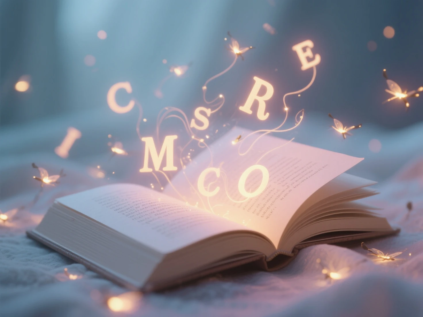 an open poetry book with glowing letters floating and dancing out of the pages, letters swirling through the air like fireflies, soft ambient light, magical atmosphere, cinematic composition, shallow depth of field, ethereal style, pastel tones, paper textures, high detail
