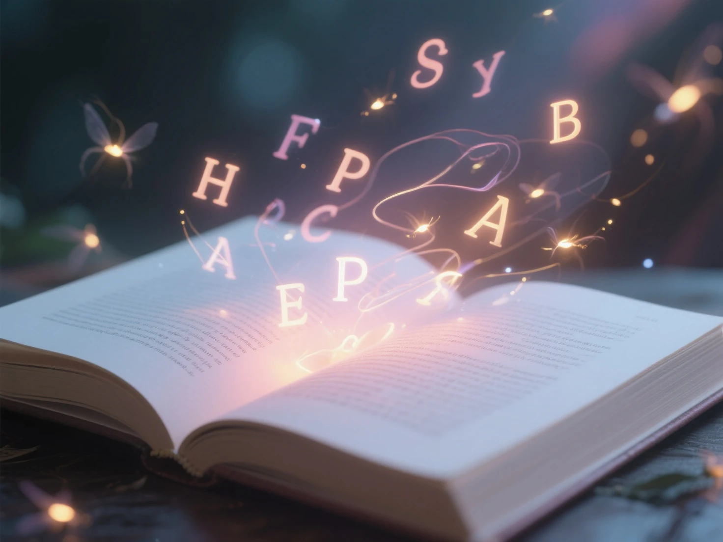an open poetry book with glowing letters floating and dancing out of the pages, letters swirling through the air like fireflies, soft ambient light, magical atmosphere, cinematic composition, shallow depth of field, ethereal style, pastel tones, paper textures, high detail
