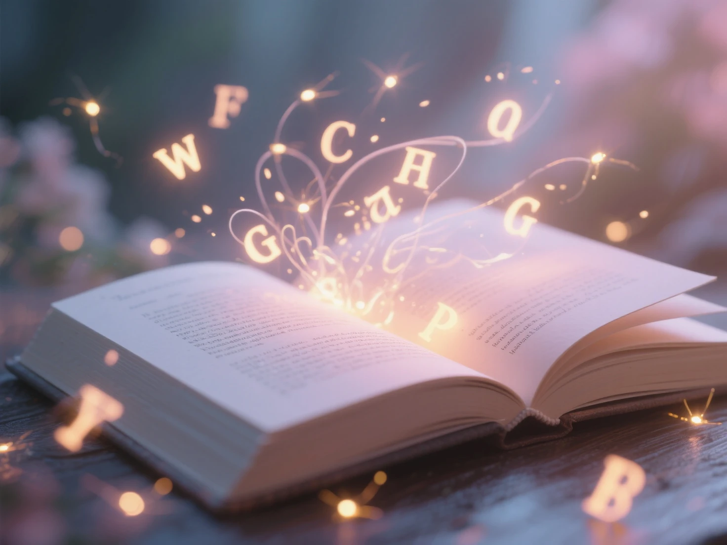 an open poetry book with glowing letters floating and dancing out of the pages, letters swirling through the air like fireflies, soft ambient light, magical atmosphere, cinematic composition, shallow depth of field, ethereal style, pastel tones, paper textures, high detail

