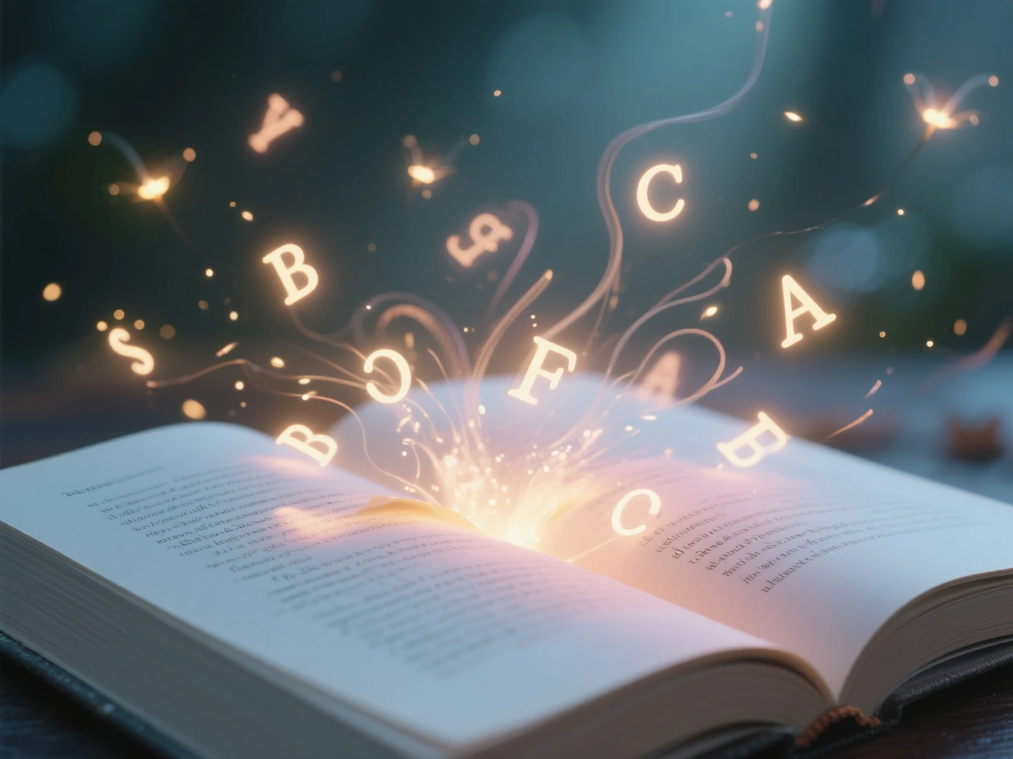an open poetry book with glowing letters floating and dancing out of the pages, letters swirling through the air like fireflies, soft ambient light, magical atmosphere, cinematic composition, shallow depth of field, ethereal style, pastel tones, paper textures, high detail
