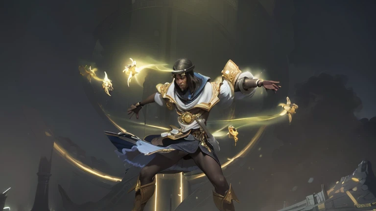 Black man dressed in african designed clothes and holding a spear, jumping in air, blue moon in the sky shining blue light in the scene, with iridescent light, 32k, ultra HD, unreal engine rendered, cinematic lighting, artgerm style, bright and vibrant colours, photorealistic image,