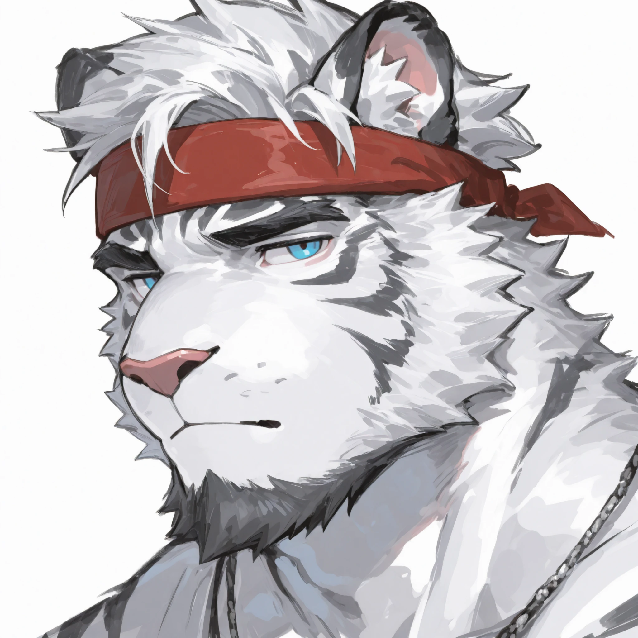 white tiger,white body,blue eyes, red headband, Moxie dry hairstyle,黑色Beard,Frontal,Beard,黑色Beard,Full face, face_focus, close-up (close up close up)
upper_body (Half-length composition,Avoid distractions all over your body)
, no_full_body (Block full body tags)
no_hands (Avoid getting your hands into the camera)
no_hat / no_glasses (Exclude accessories as needed)
face_focus, close-up, upper_body, simple_background, looking_at_viewer, detailed_eyes, highres