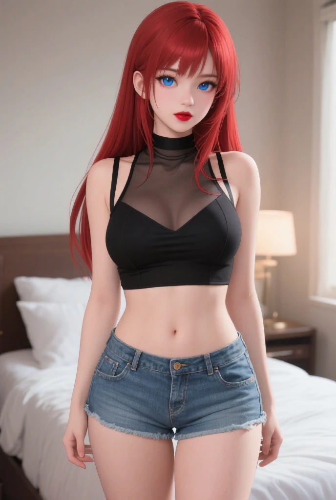 Masterpiece, full hd, high quality, super detail, woman, 30 years, perfect body, medium breasts, red lips, seductive smile, passionate look, blue eyes, red hair, blue crio top, black skirt, tattu, 2d background, social media composition, seductive posture, from side