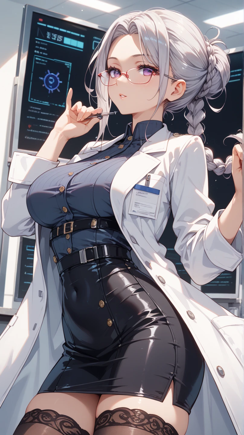 (Top resolution、Distinct_image)top-quality、A woman、masterpiece、highly detailed, half body, Semi-realistic、grey eyes 、26year old, silver hair,young 、Exquisite facial features、Facial features ,variation potrait, long hairstyles, age, cool , cold sharp eyes , {Very detailed 8k CG unit wallpaper}, Elagent, gorgeous
Mommy type , plump body curves, big breasts, perfect body (doctor_, lab coat, stethoscope, doctor), sexy, clinic, glasses