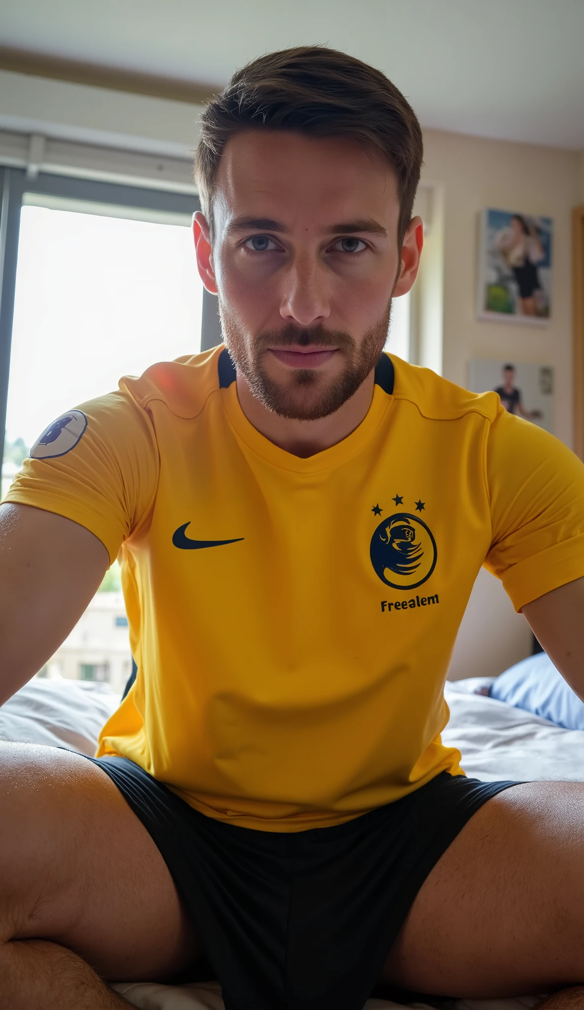man , Sensual, high, moreno, athletic , skinny defined jaw, Straight Nose, penetrating blue eyes , short brown hair , Looks like it's Chris Evans , well-groomed beard , mature and airy face , full body , realistic image , High resolution , Ultra HD, wearing gym shorts , pes nus. he is facing away, hands resting on the parapet , looking at the viewer. Bedroom morning sunrise background, head against the ceiling, macro perspective, hand touching the ceiling, crack ceilling
High quality, Ultra HD, Hyper-realism, front view, penis focus big, very low angle , wearing yellow french soccer jersey fullbody , big erection under clothes, enormous size , size_difference, kneeling against the wall , Feet_focus