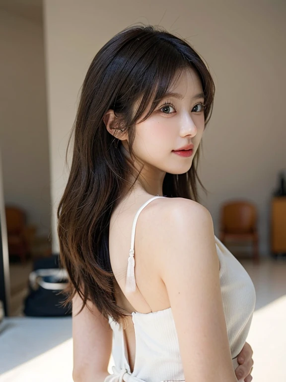 ((Pink one piece dress))、(looking back),((Highest quality)), Realistic, Very detailed, In detail, ((High resolution)), 8k,Japanese women,Beautiful woman,gravure,sexy,Beautiful Skin,Beautiful Eyes,Detailed face,(Glamour),((Mid-length hair)),Brunette colored hair,20th Generation,Glamour system,Bust Size 85cm,Neat constriction,(Beautiful Eyes),(Adult),（Tears flowing）、(Quaint streetscape)、((Light of the sun))