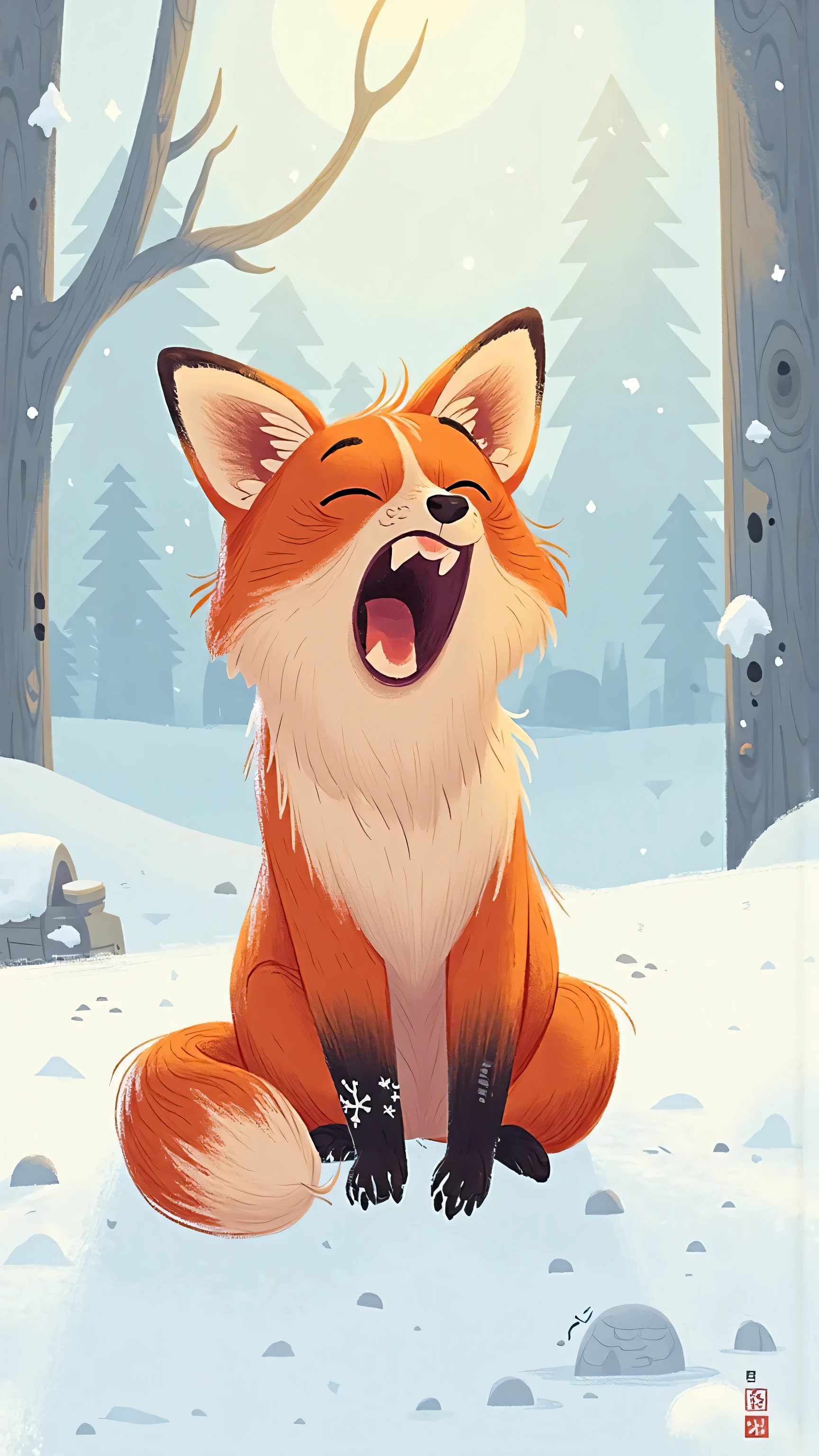 A red fox sitting in white snow,Yawning with a big mouth ,detailed hair,Snowflakes attached to beard,Soft Natural Light,Light depth of field Minimalist winter background,snowy,HD real wildlife photography style,illustration,Aletai Jiangjun Mountain。