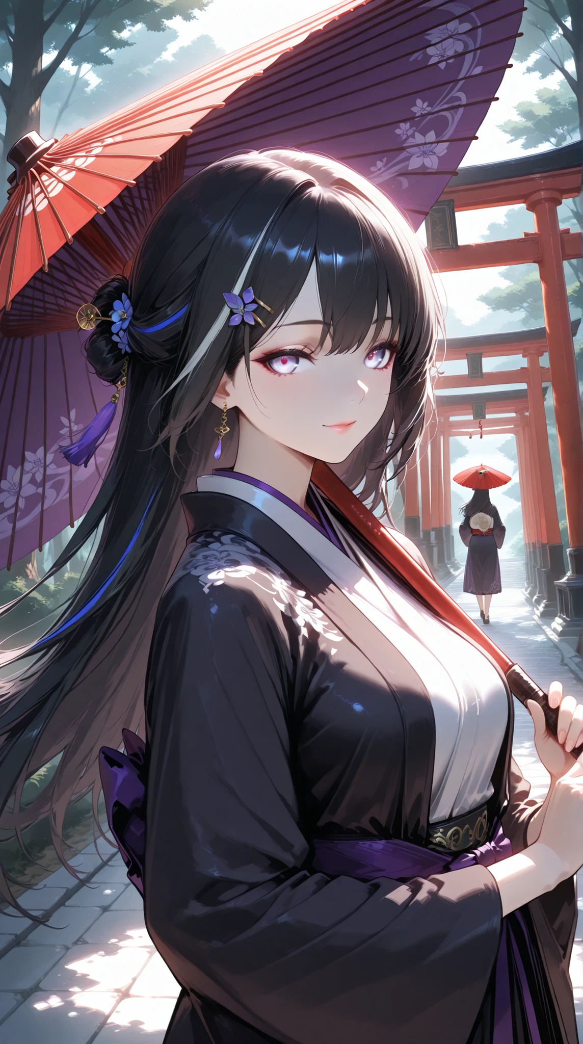 8k, anime style, high quality , professional , Vivid colors ,Shiny ,Skin, dutch angle ,(close up upper body, ) ,
A graceful Japanese female with long black hair streaked , tied with a delicate hairpin. Pale indigo eyes, wearing a flowing tattered traditional robe in soft purples and grays, elegant and ethereal. She holds a ceremonial fan and carries a small worn paper umbrella on her back. Her right hand glows faintly with a paper-like pattern. A faint breeze stirs her hair and clothes. Standing in front of a red torii gate, looking over her shoulder, wind blowing through her hair and sleeves, soft sunlight filtering through trees, serene expression, backlight, traditional Japanese shrine forest. Cinematic lighting, concept art style, highly detailed, ultra high resolution, dramatic atmosphere.