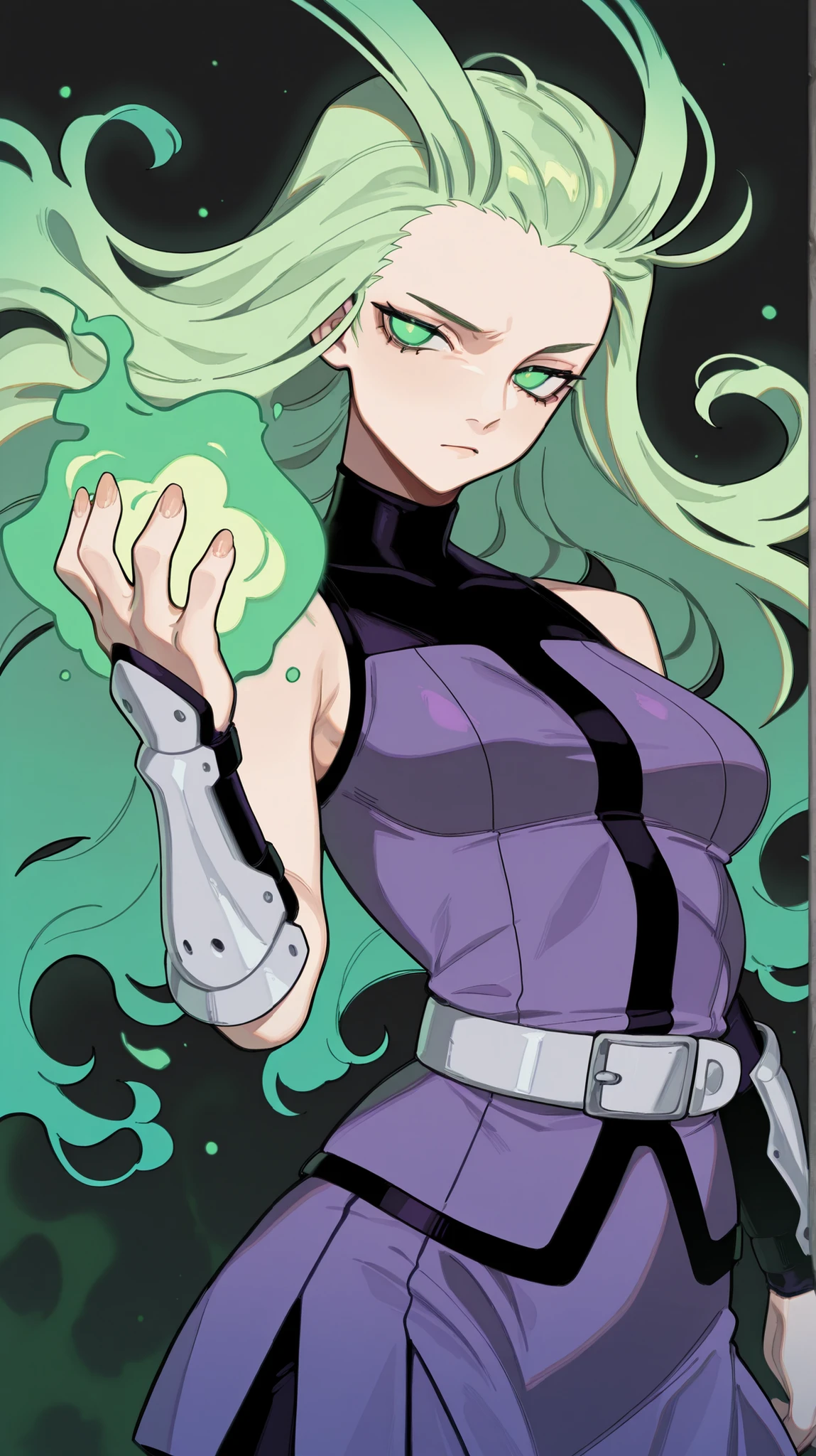 solo,1 girl,detailes,detailed,hight quality,Image is a digital illustration featuring a stylized, animated character with vibrant colors. The character has long, flowing magenta hair and is depicted with a determined expression. Her skin is a bright orange hue, and she has striking green eyes. She is wearing a purple sleeveless top and skirt, complemented by a silver belt and matching arm guards. The character is surrounded by a glowing green energy, which she appears to be controlling with her hands. The background is a deep black, enhancing the vividness of the character and the energy effects. The overall composition is dynamic, with a focus on the character's powerful stance and the swirling energy around her.