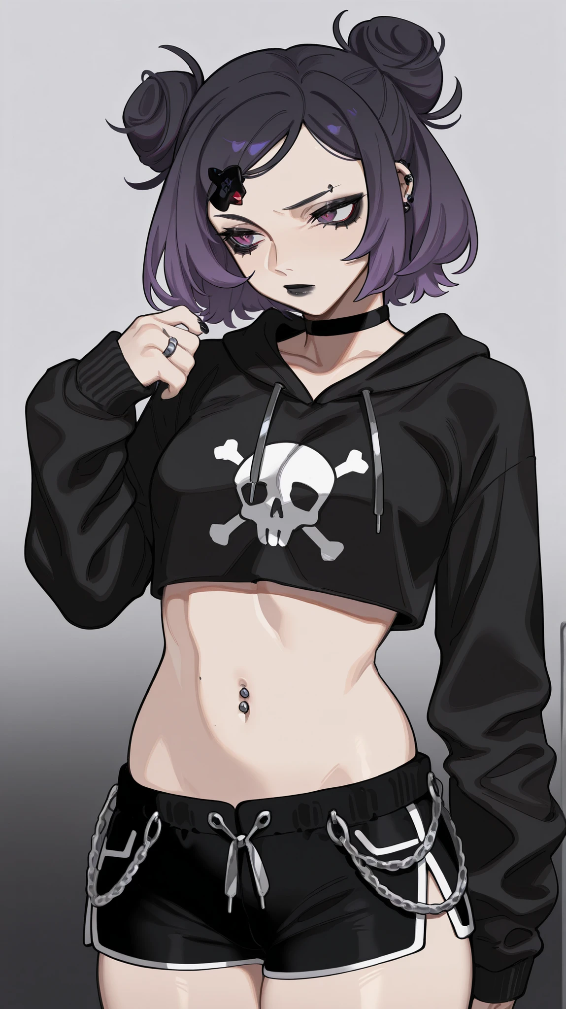 solo,1 girl,detailes,detailed,hight quality,Image is a digital illustration featuring an anime-style character with a confident pose. The character has short purple hair and a fair skin tone, with striking purple eyes and a small red gem on the forehead. They are wearing a black cropped hoodie with a white geometric logo on the  and a skull design on the sleeve. The outfit includes a black choker with a silver ring, black shorts with silver zippers, and a visible navel piercing. The character's expression is assertive, with dark lipstick and subtle makeup. The background is a simple gradient, emphasizing the character's bold appearance.