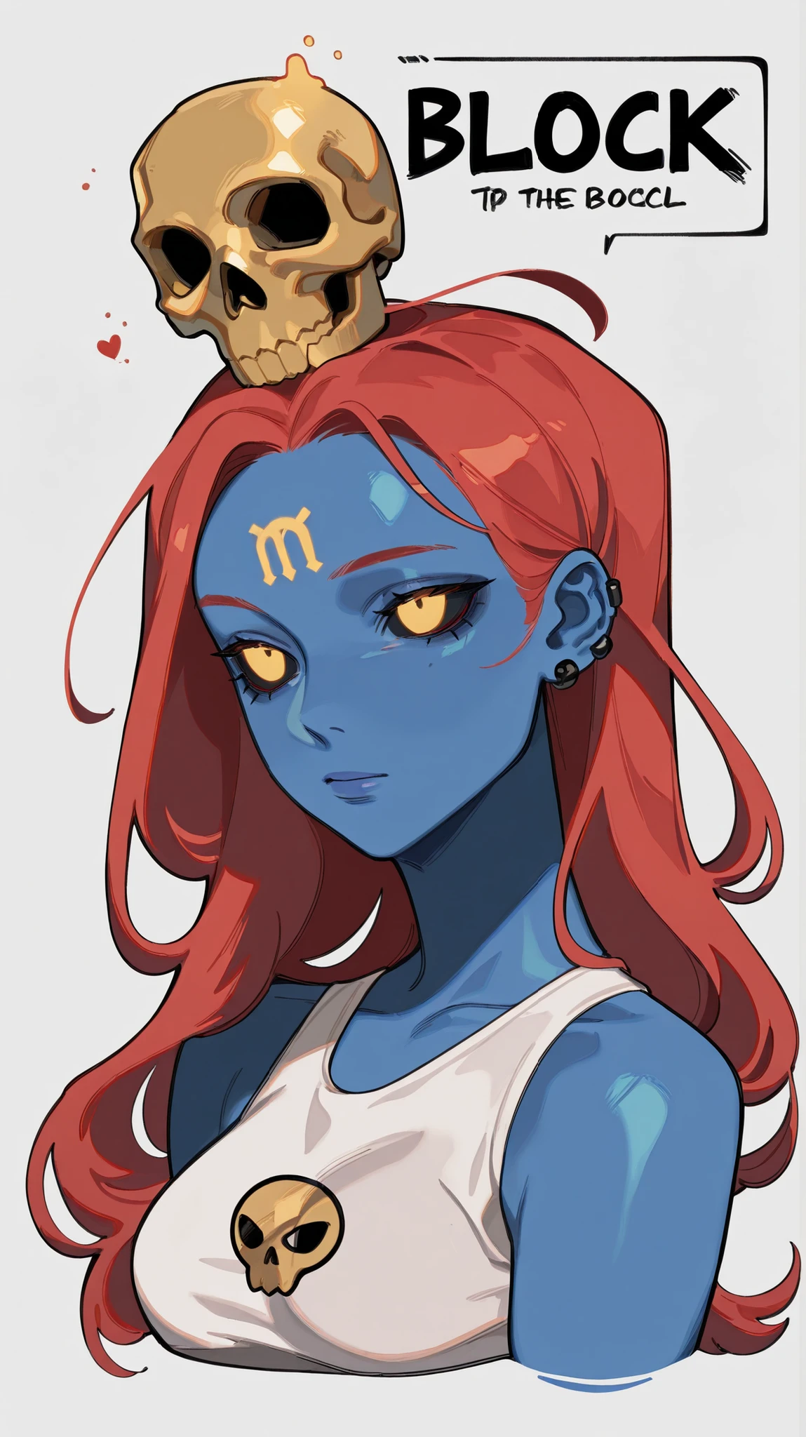 solo,1 girl,detailes,detailed,hight quality,Image is a digital illustration featuring a stylized, fictional character with striking features. The character has vibrant blue skin and long, flowing red hair. A small, golden skull adorns the center of the forehead, adding a unique touch to the character's appearance. The character's eyes are yellow with a piercing gaze, and the expression is confident and slightly mischievous. The character is wearing a form-fitting white outfit that contrasts with the blue skin. The background is plain white, emphasizing the character. In the top left corner, there is a logo consisting of stylized, blocky text in black, adding a modern touch to the composition.