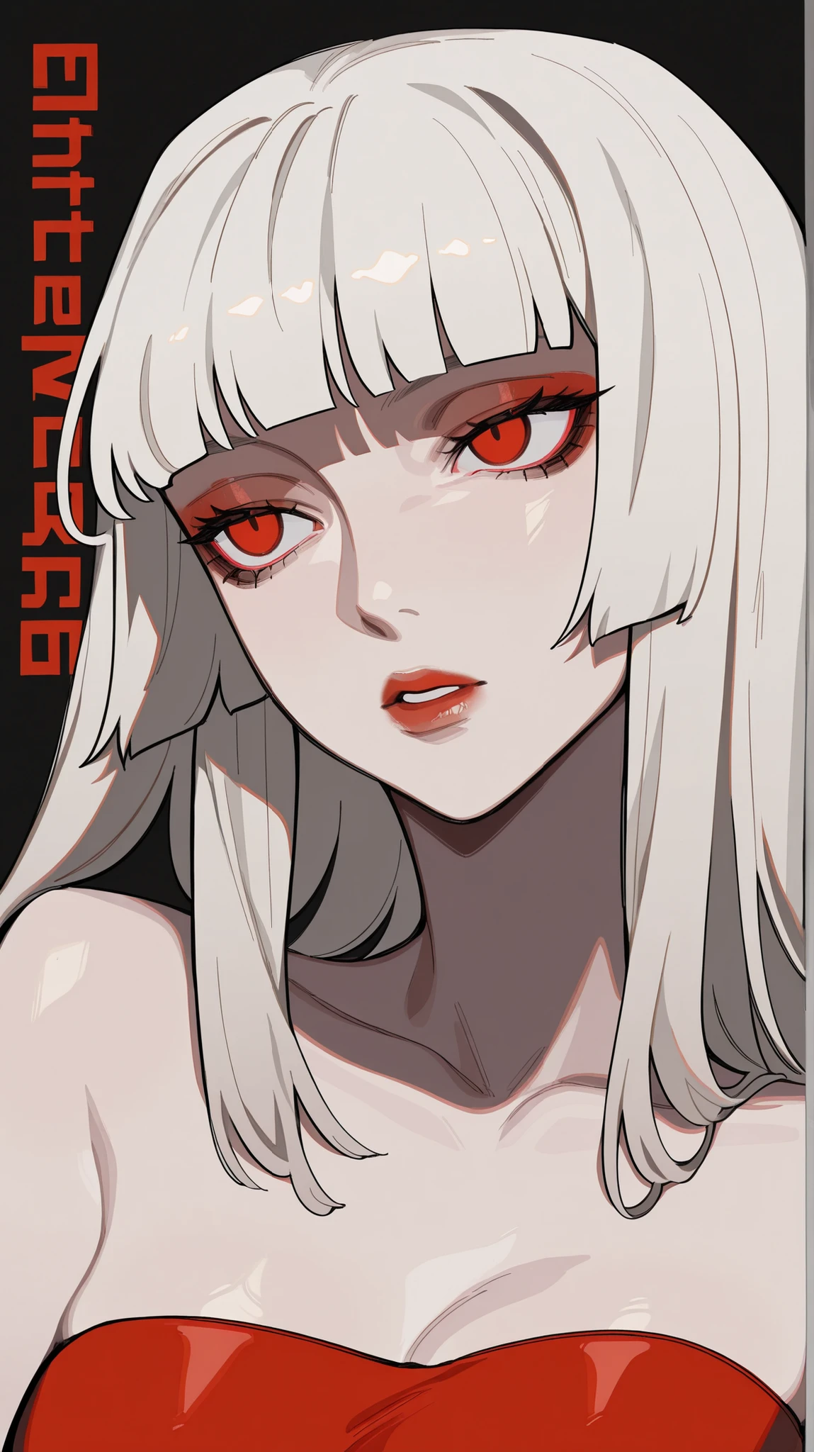 solo,1 girl,detailes,detailed,hight quality,Image is a digital illustration featuring a stylized portrait of a woman with long, straight, platinum blonde hair and blunt bangs. Her skin is pale, and she has striking red eyes and full lips painted in a deep red shade. She is wearing a strapless red dress, and her hand, adorned with a silver ring, is elegantly placed near her neck. The background is black with bold red text partially visible, reading 'Blind Red.' The overall composition is dramatic and visually striking, with a focus on contrast and color.